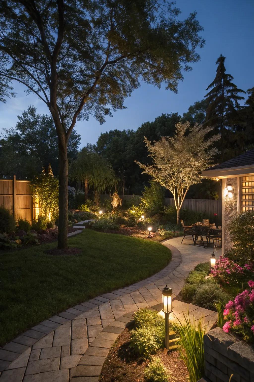 Inventive lighting enhances the beauty of your garden after dark.