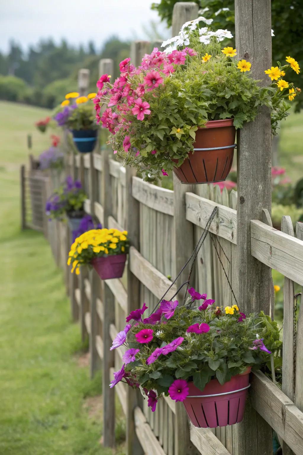 Suspended gardens on barricades provide color and privacy.