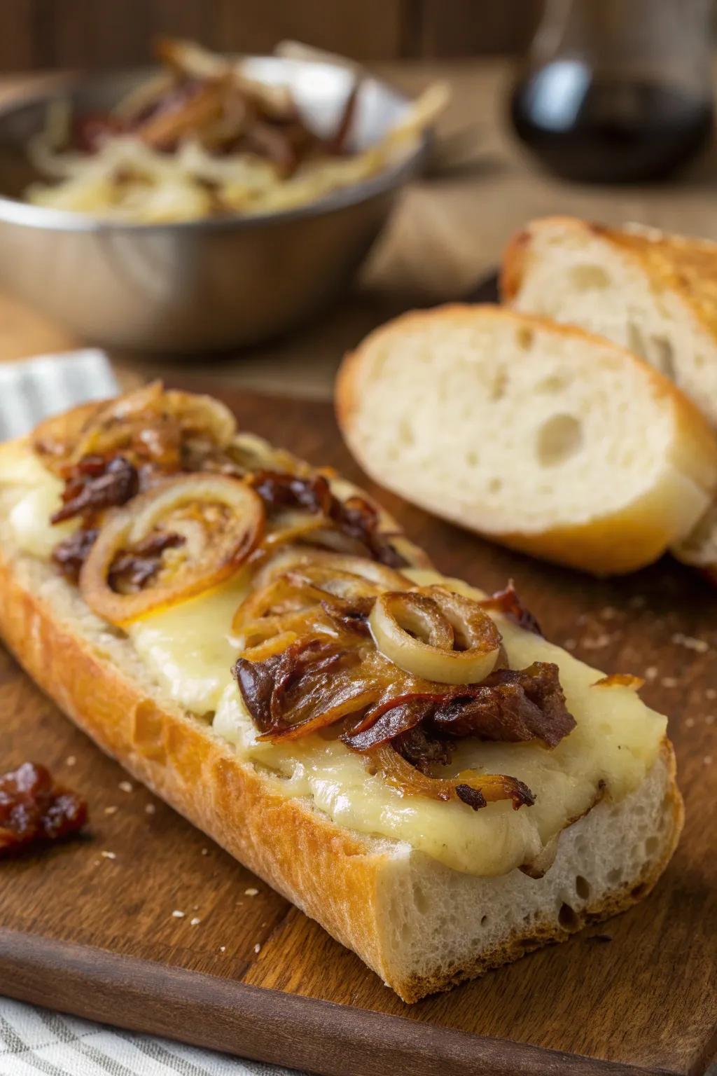 Rich caramelized onions and Gruyère cheese on a baguette.