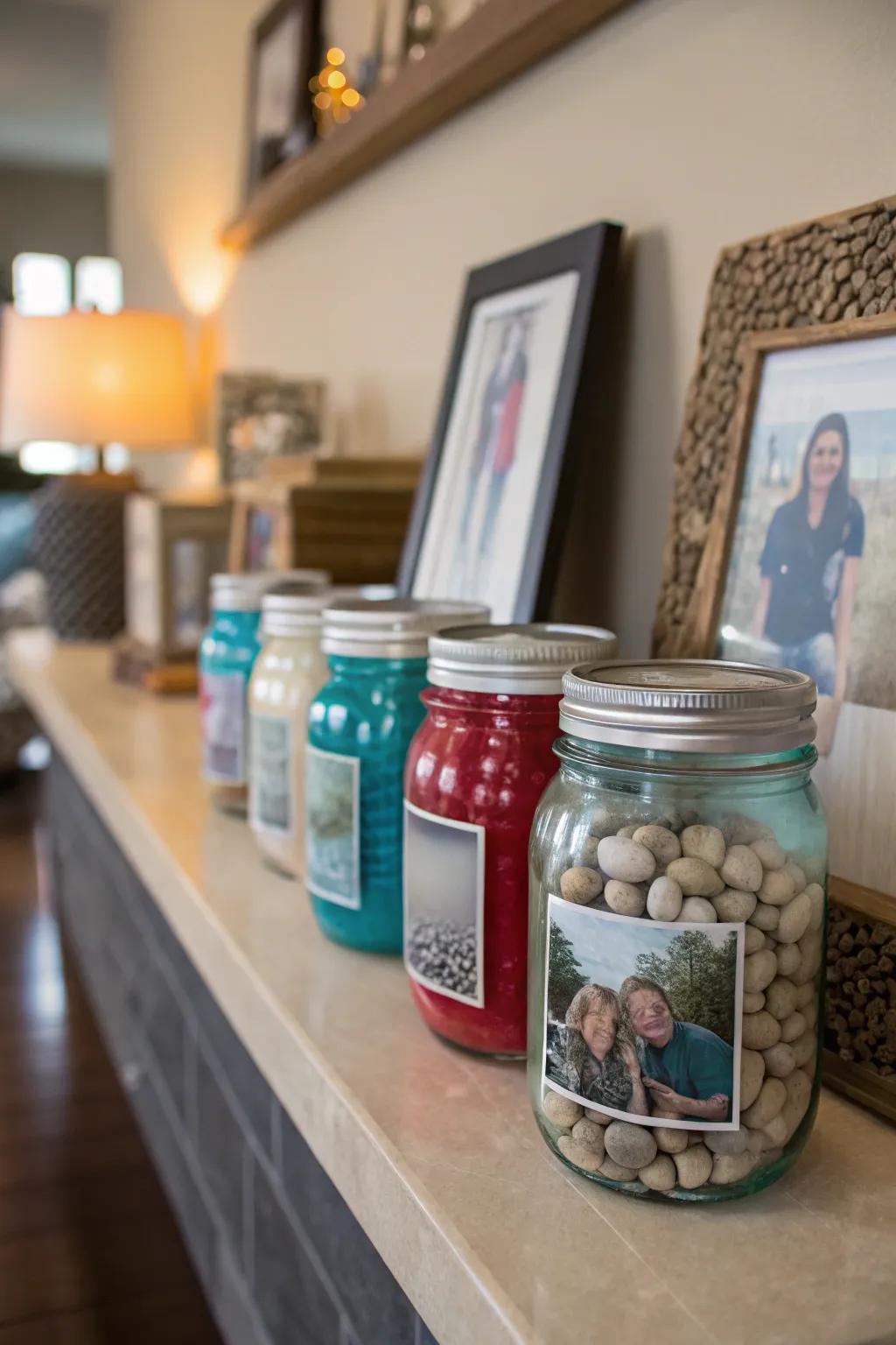 Creative photo displays utilizing preserving jars showcase cherished memories.
