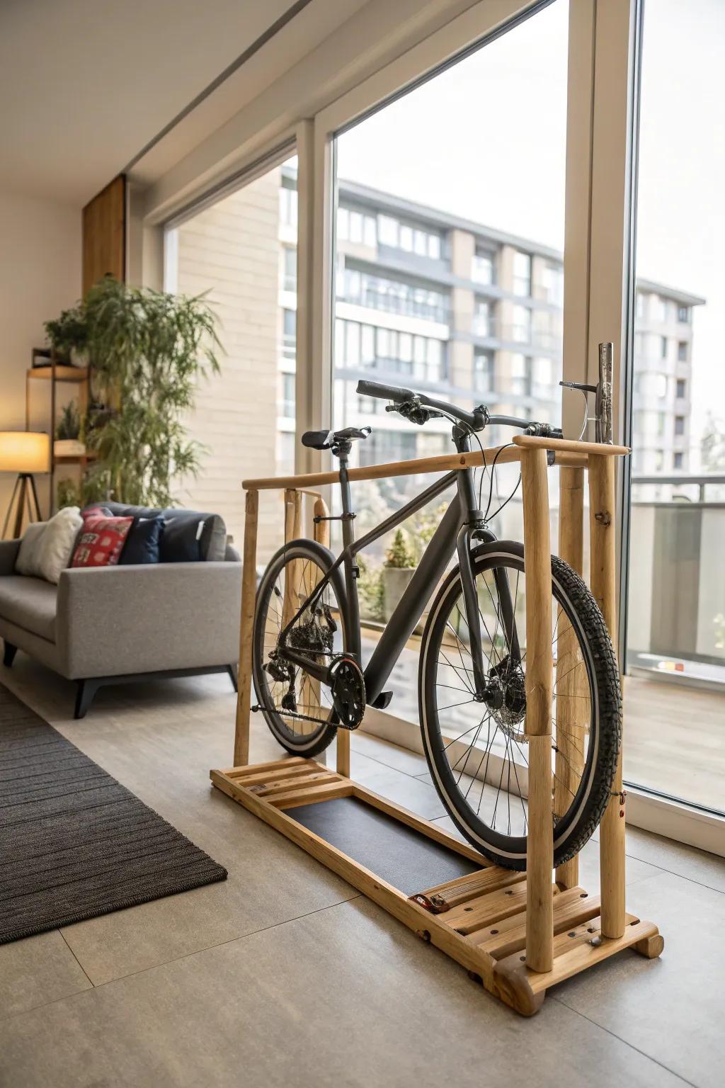 Bamboo bicycle rack in a modern apartment