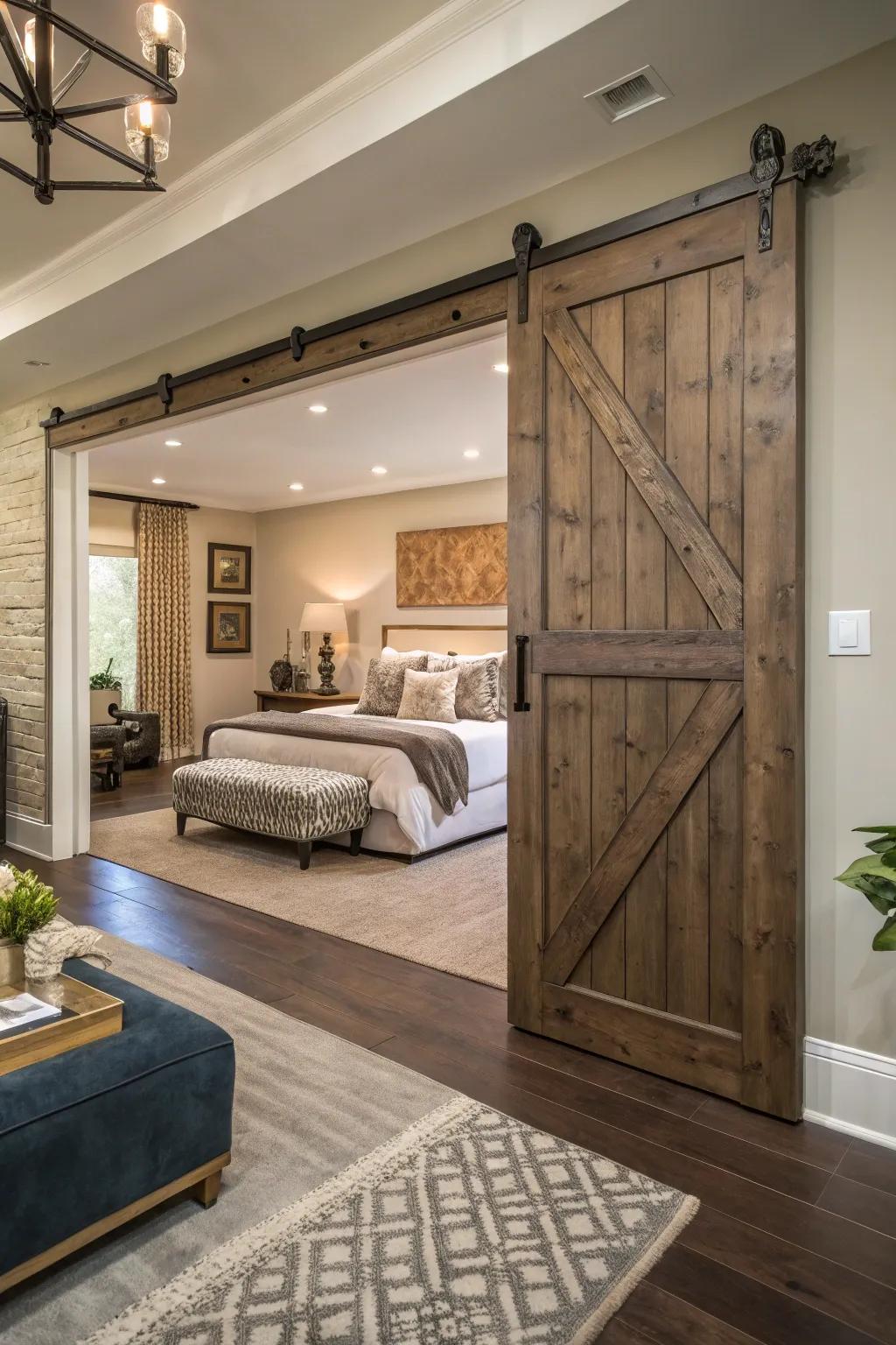 An artistic stable door creates a grand entrance to this stylish bedroom.