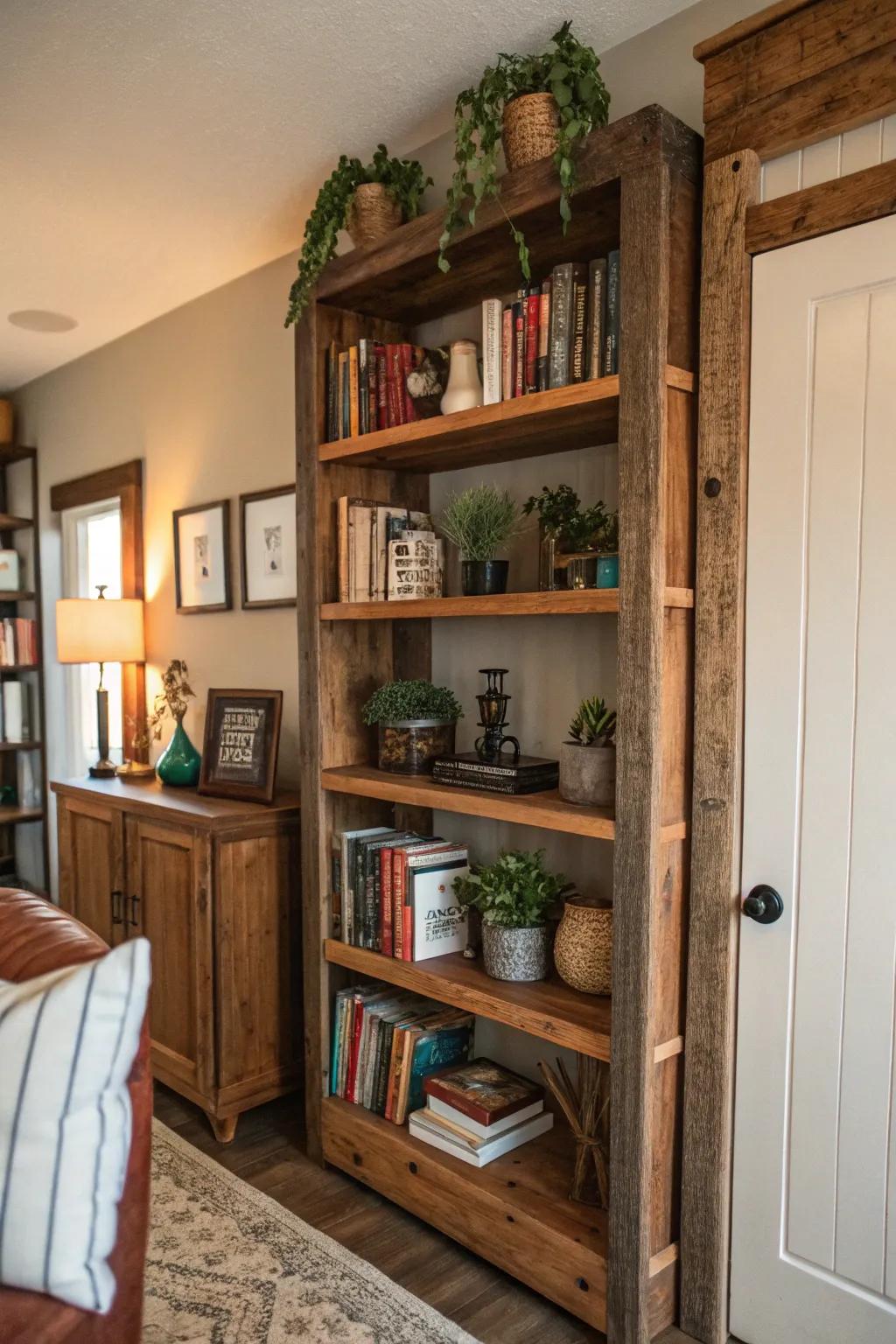 Incorporate functional style via barn wood shelves.