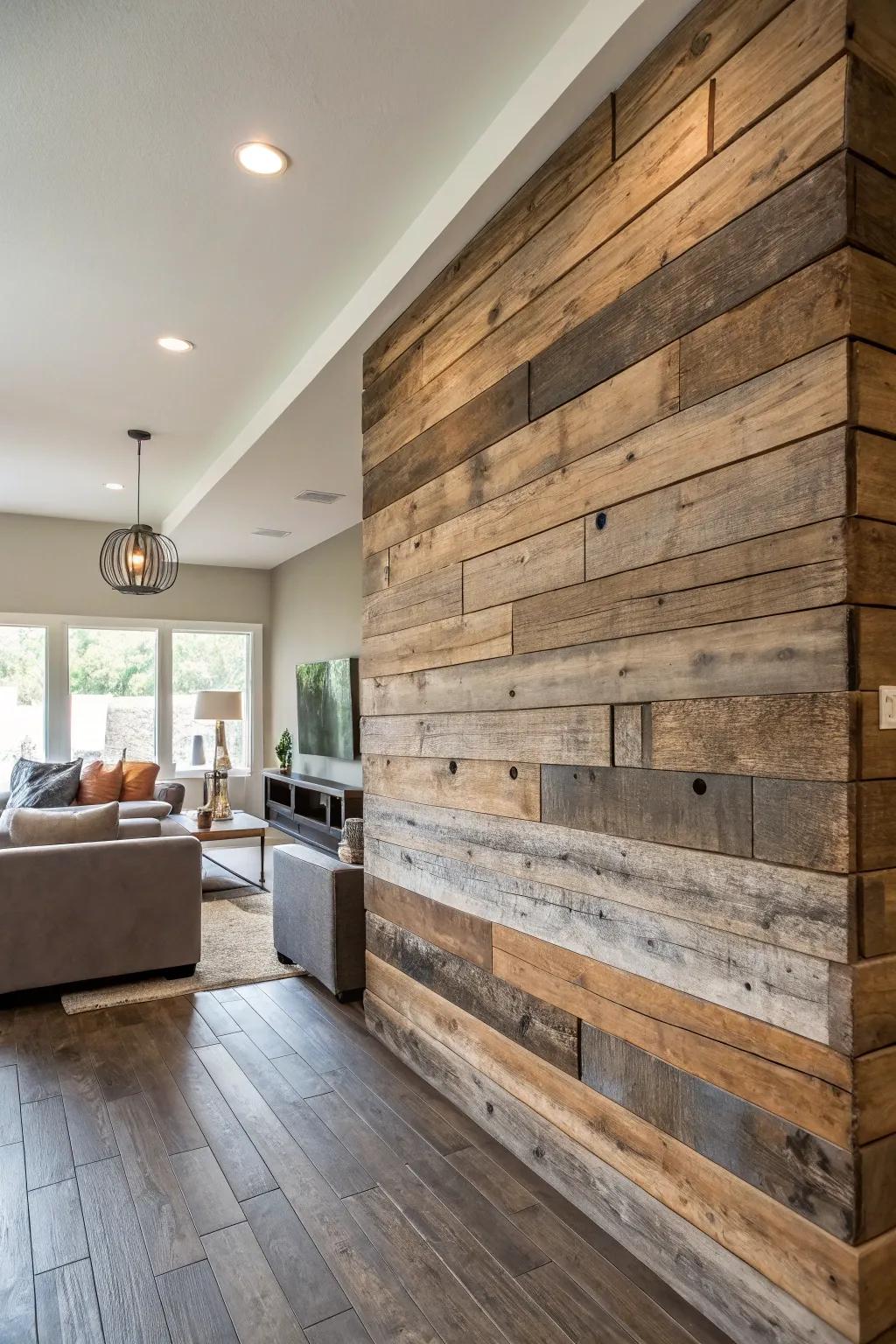 Barnwood planks at unexpected angles creating a modern look.