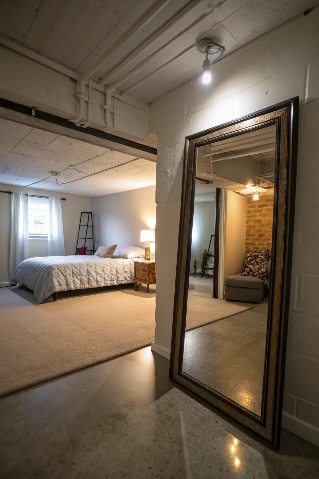 A sizable reflector enhances illumination and area in this basement bedroom.