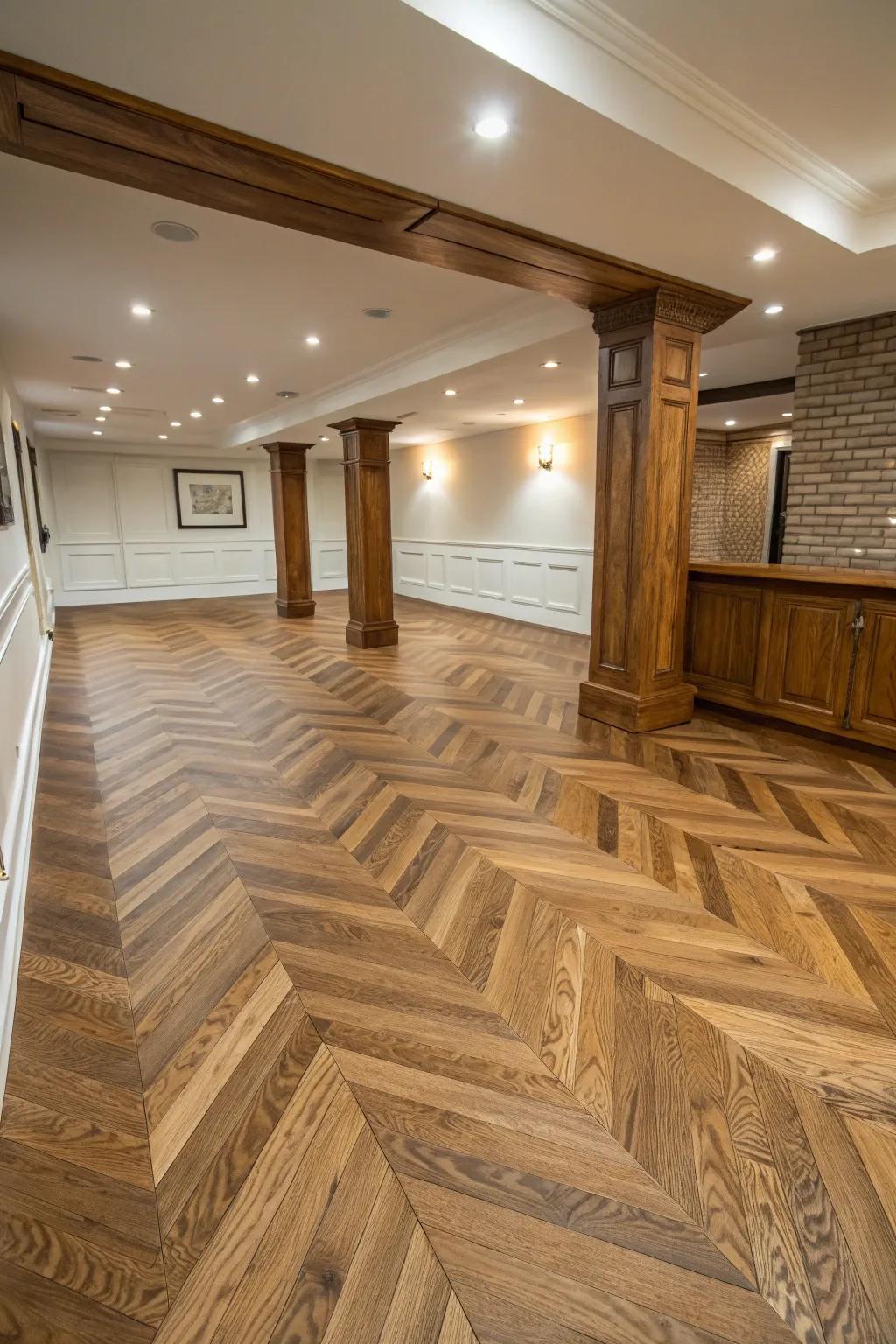 Zigzag oak flooring adds dynamic elegance to your basement.