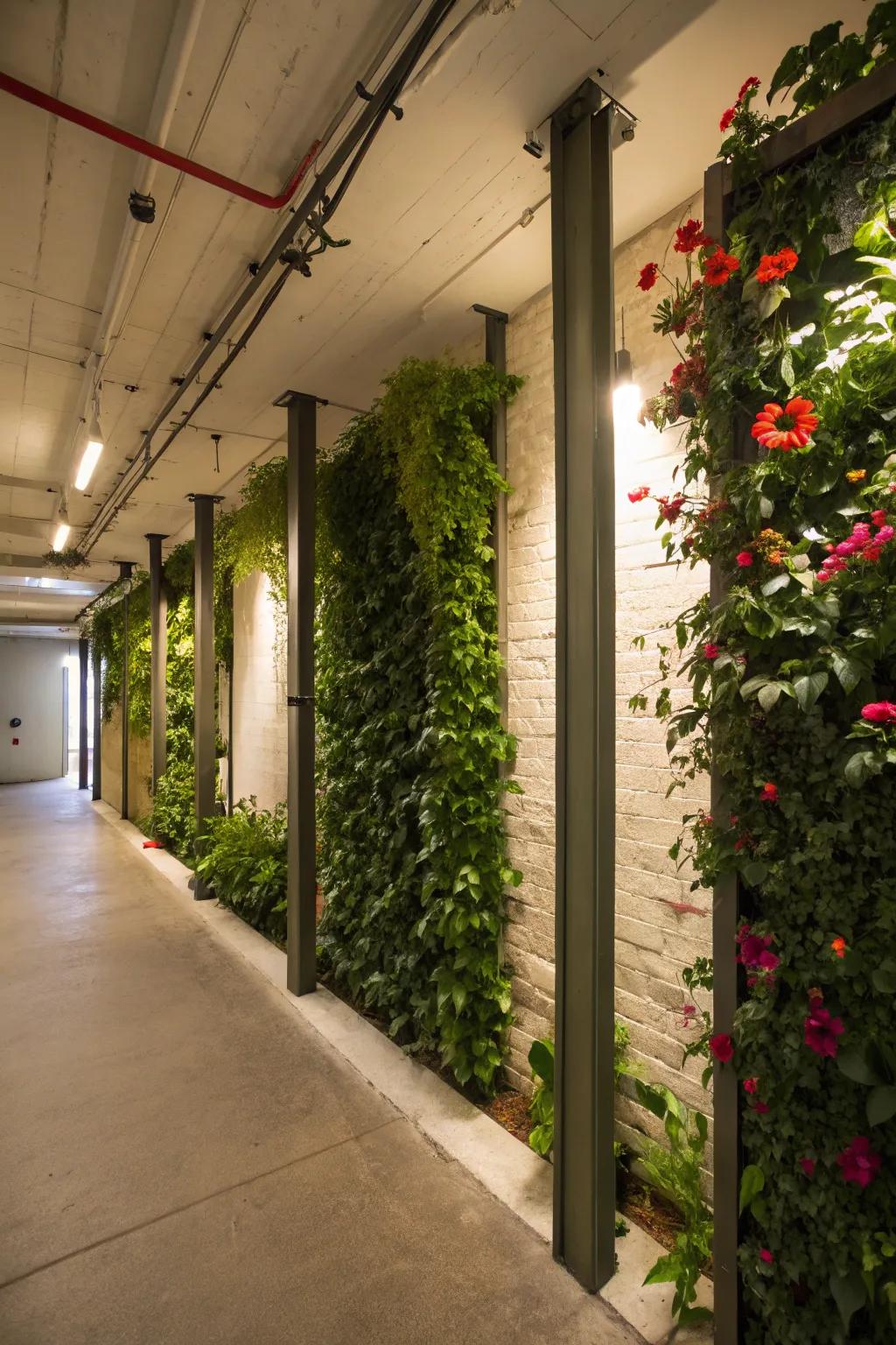 Vertical gardens bring a touch of nature to basement posts.
