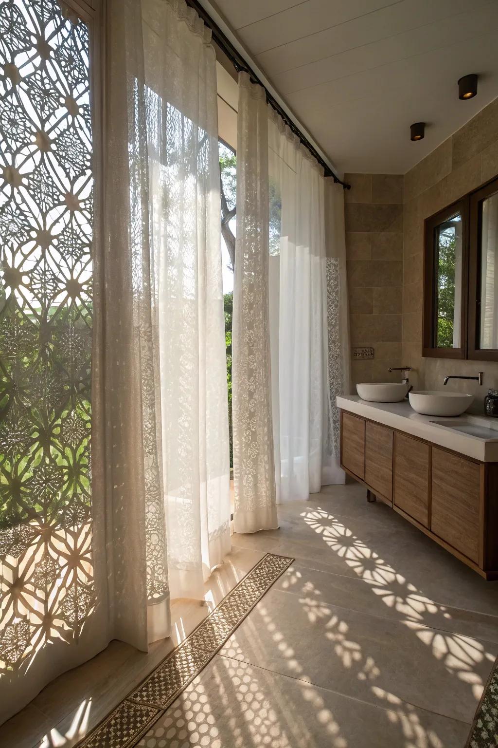 Patterned sheers experiment with illumination and shadow, appending profundity to your washroom.