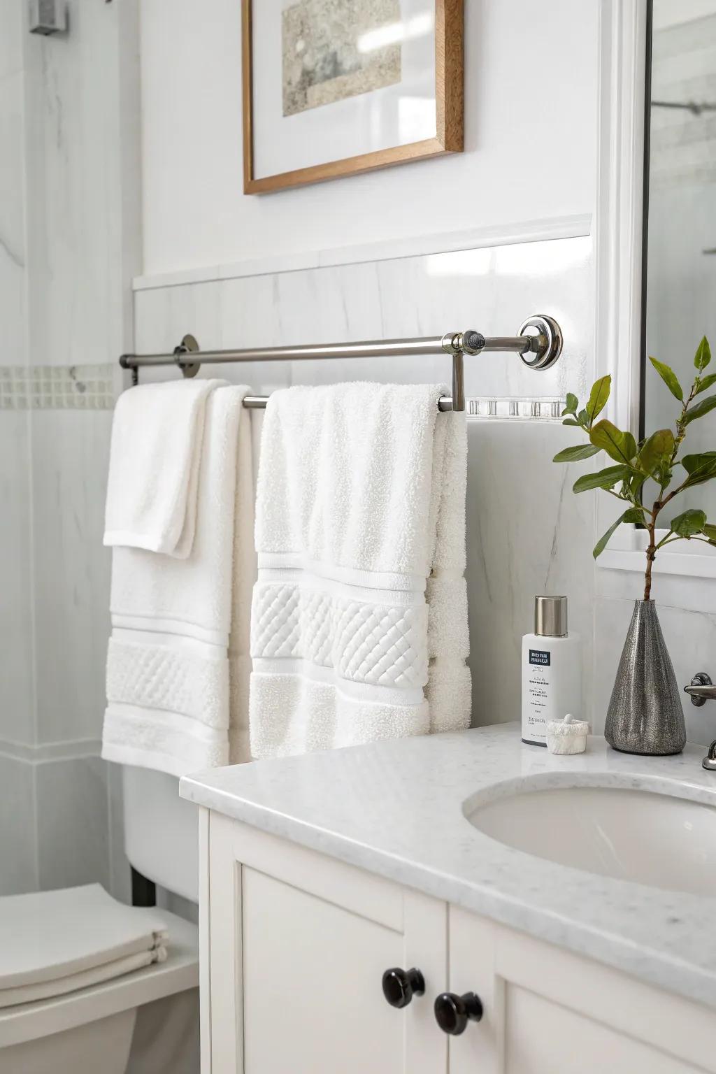 Minimalist rails provide a sleek and modern towel display.
