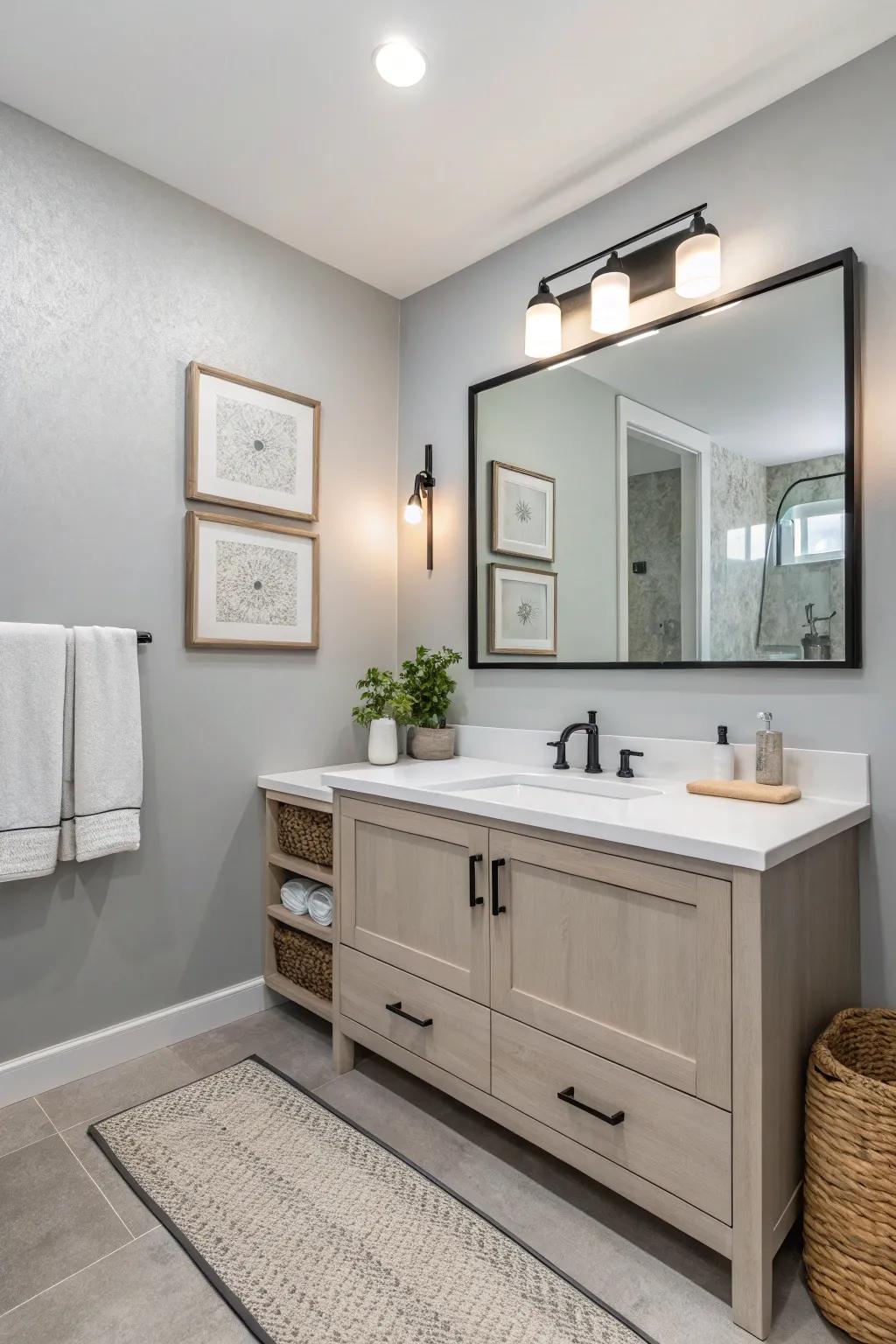 Light gray walls offer a calm and adaptable bathroom setting.