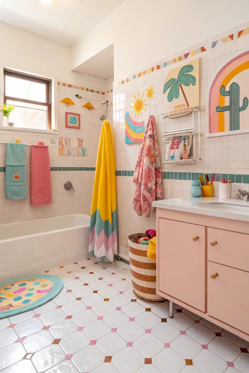Pastel plastic flooring brings a playful and cheerful vibe to this bathroom.