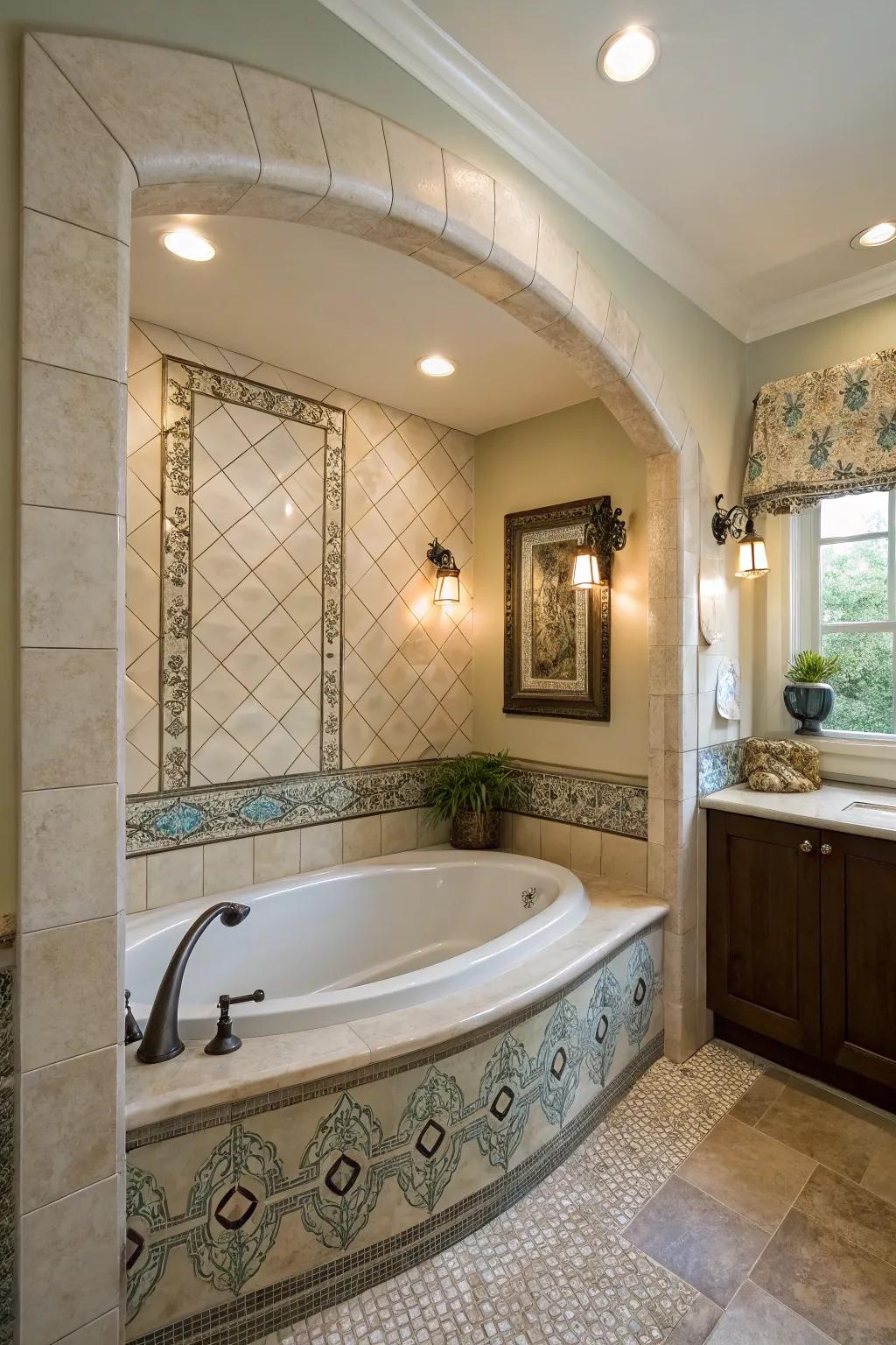 An artistic alcove crafts an intimate bathing space.