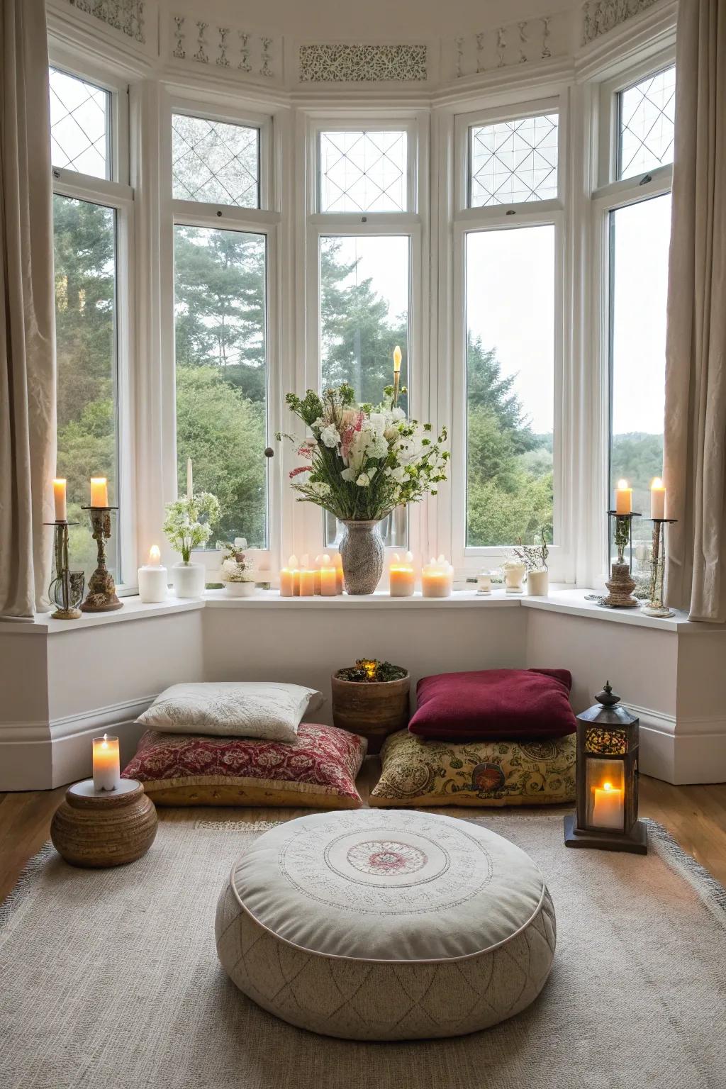 A meditation corner in the bay window offers a tranquil retreat in your home.