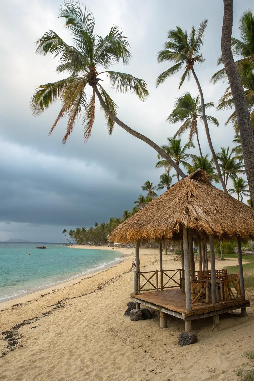 Coconut palm shelters bring natural beauty and effective shade.