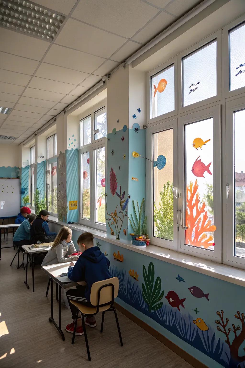 Aquatic-themed window clings contribute a playful and vibrant impression to the classroom.