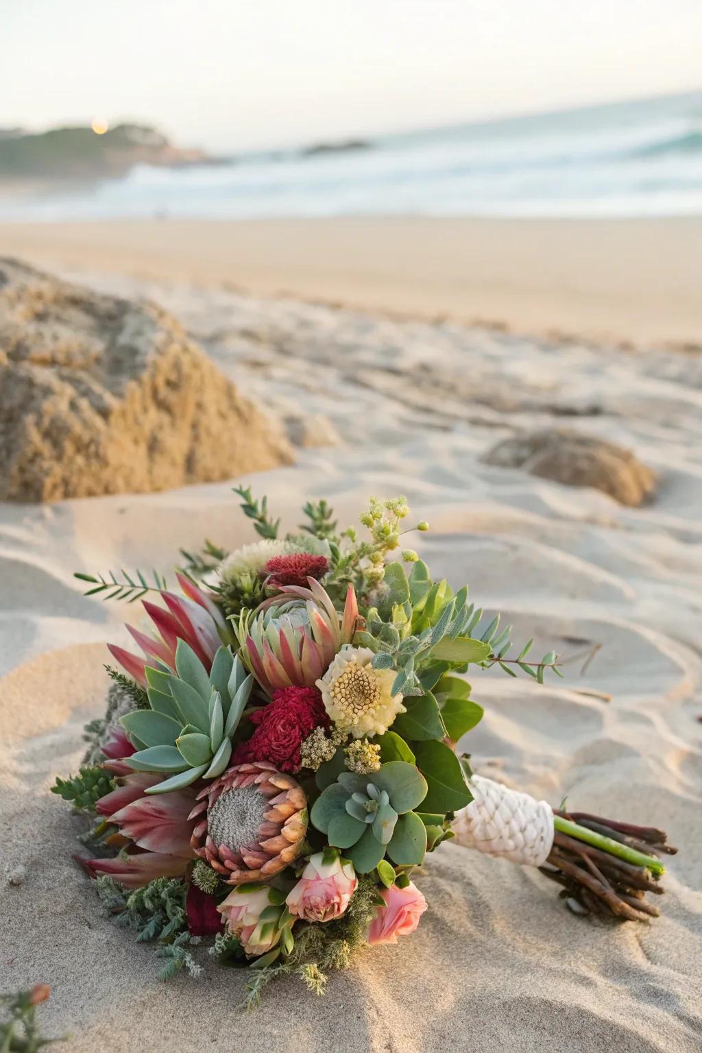 A textured posy that bestows depth upon a beach wedding.