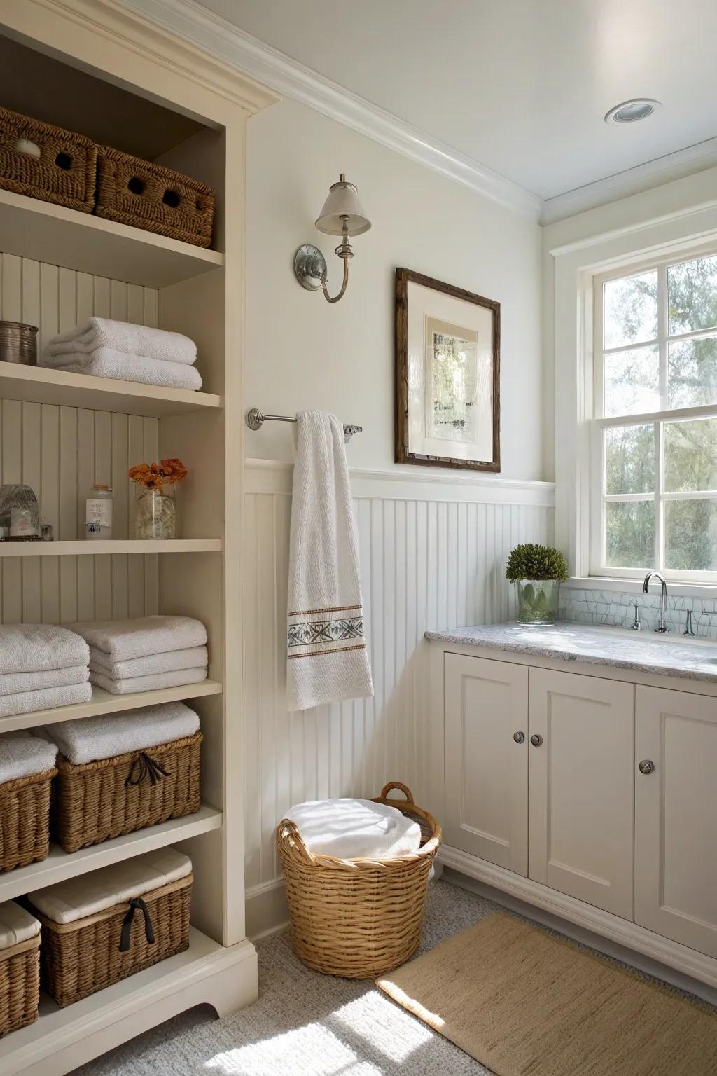 Plank panelling provides a stylish foundation for storage.