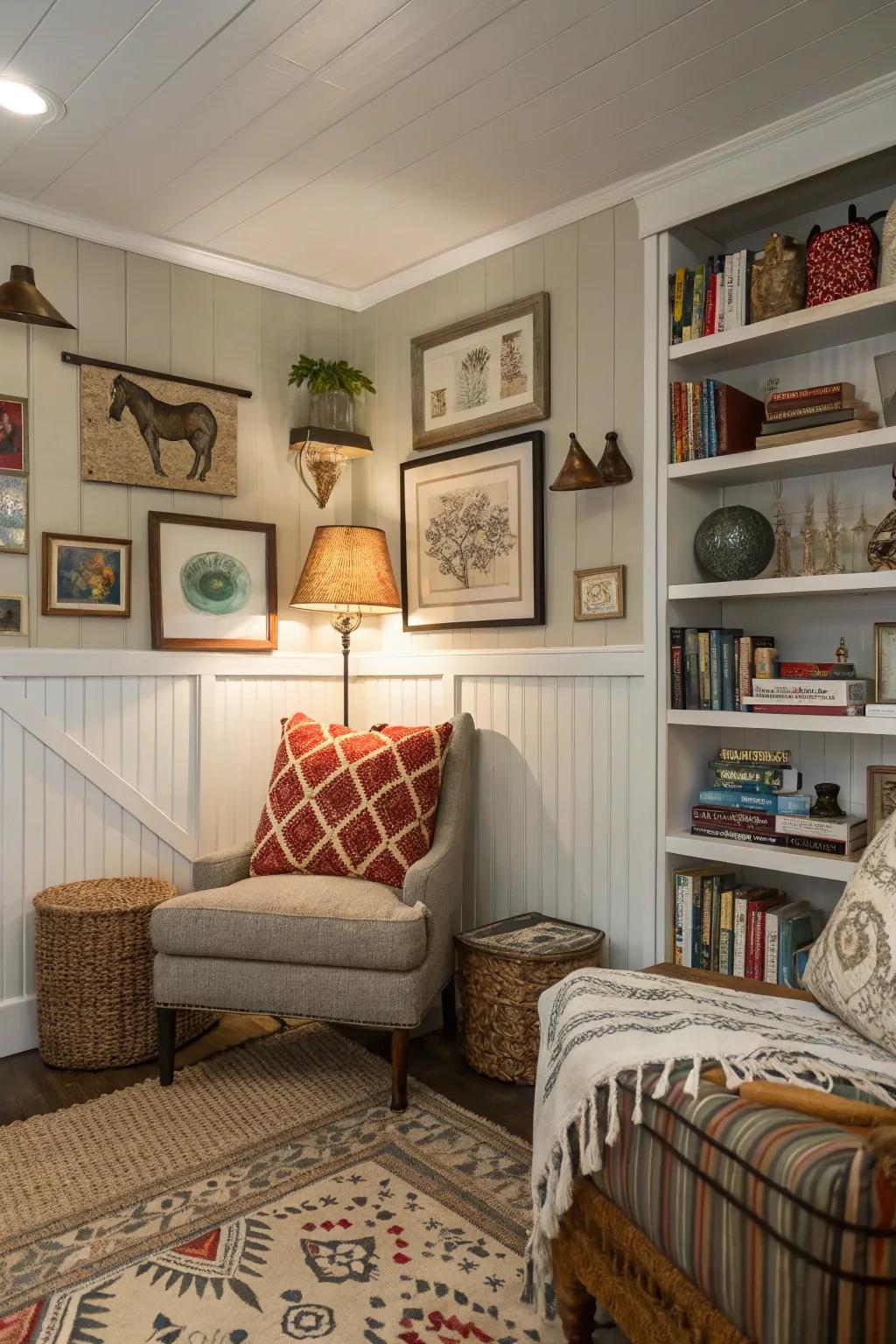 Paneling complements eclectic decor beautifully.