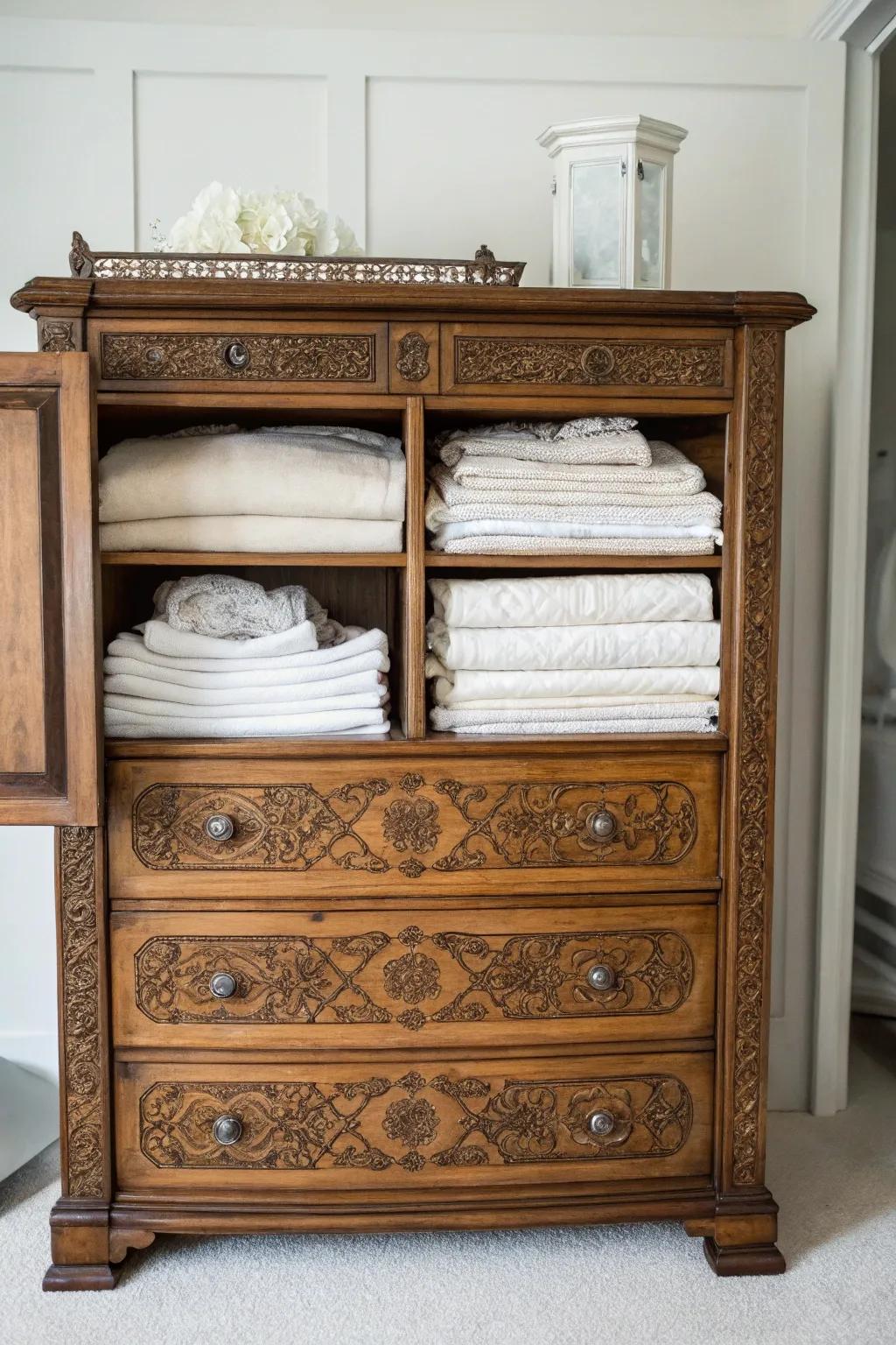 Repurposed furniture adds charm to storage.