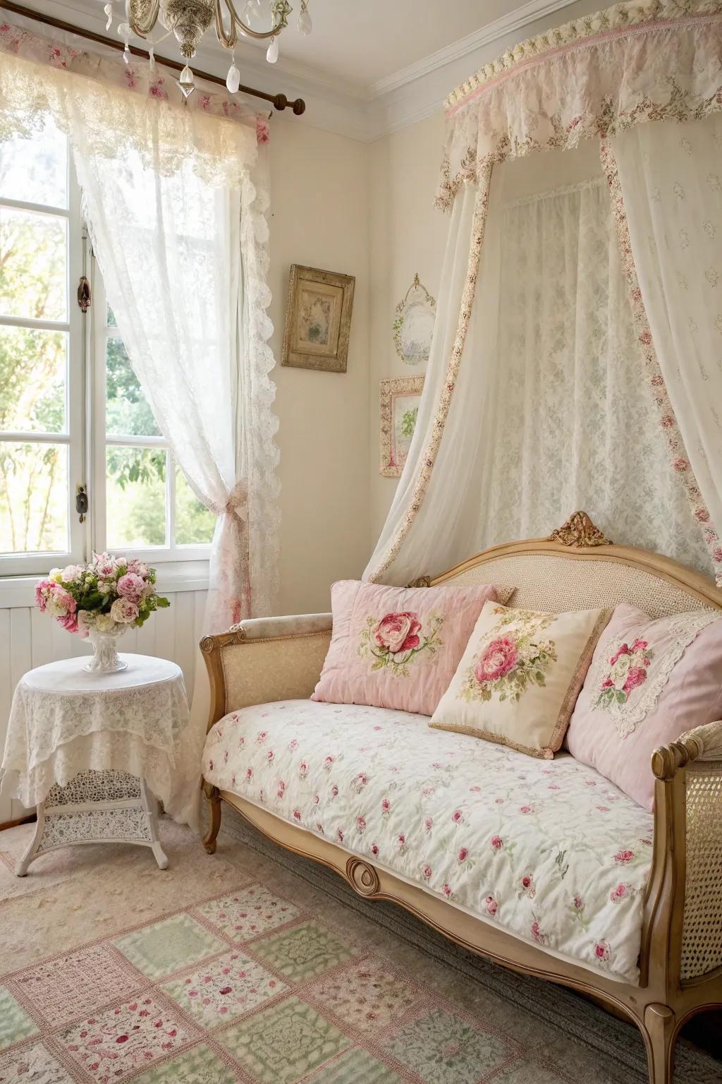 A provincial settee organically integrated within a bedroom context, radiating an aura of understated sophistication and visually captivating allure.