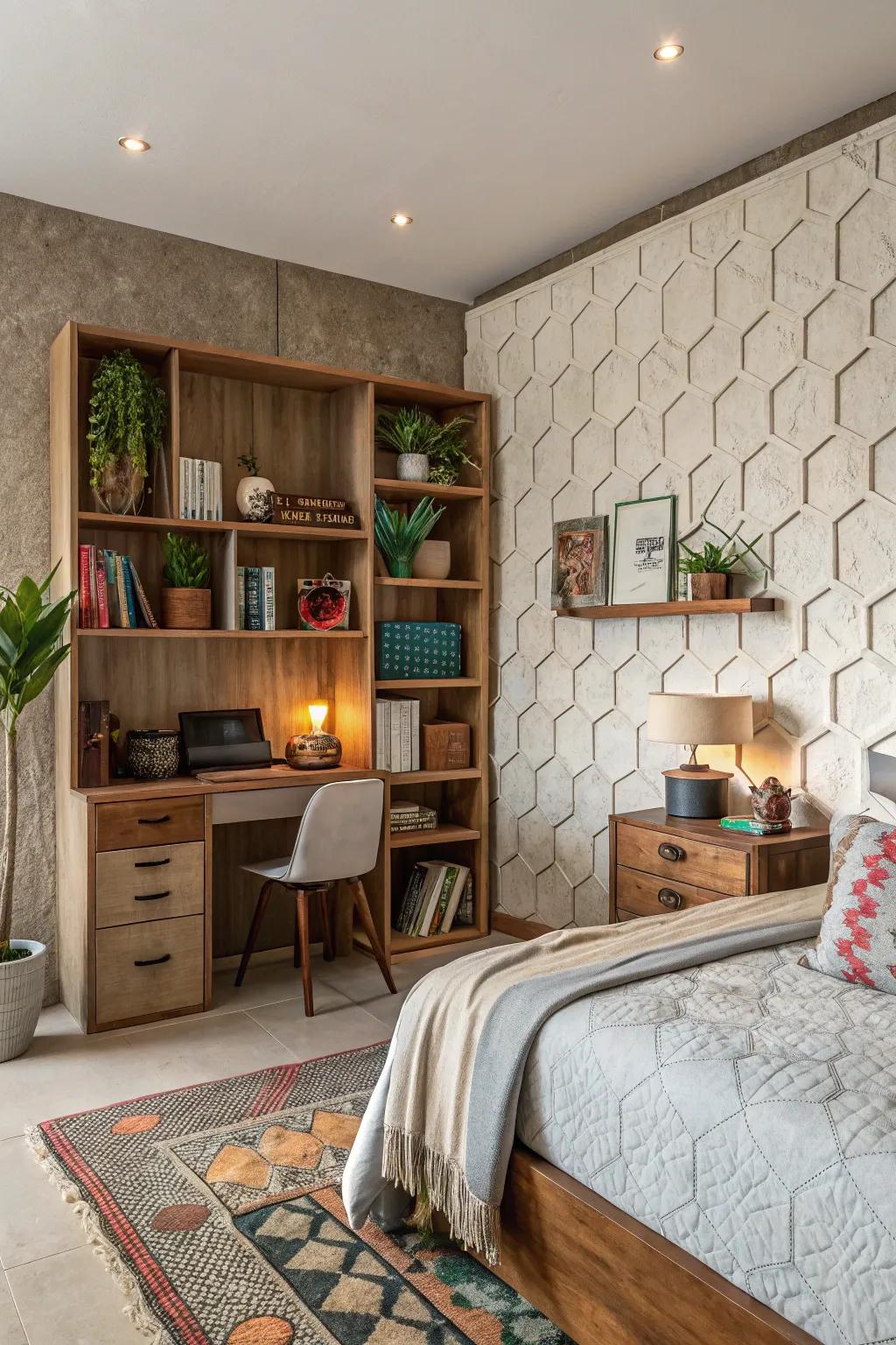 Inject depth via textured cubbies for walls.