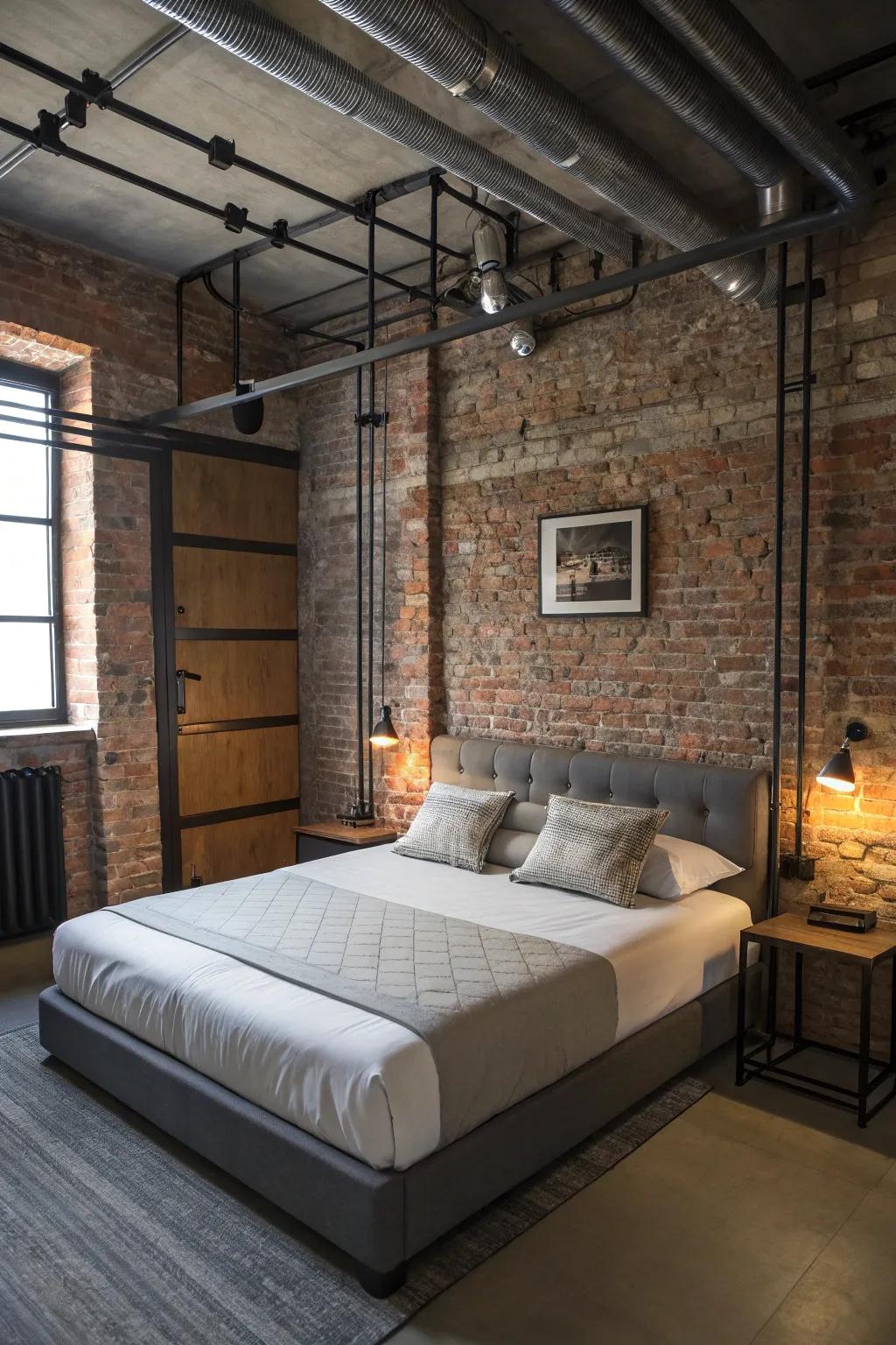 Urban elements add a modern and sturdy touch to the bedroom.