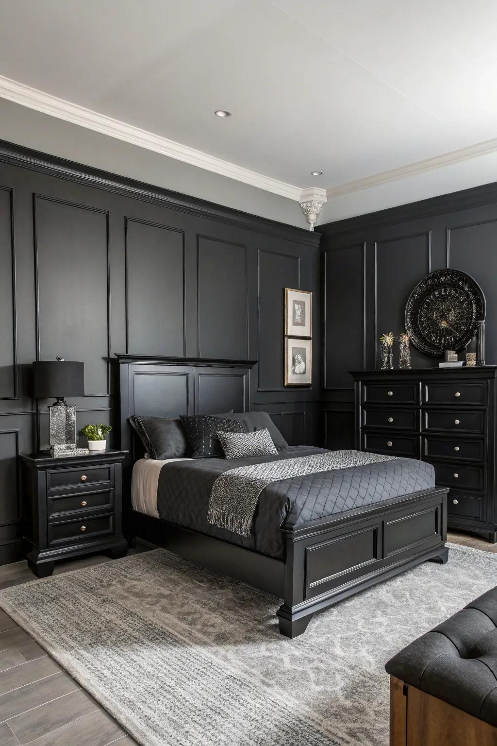 A monochrome scheme with ebony furniture adds depth and a modern edge.