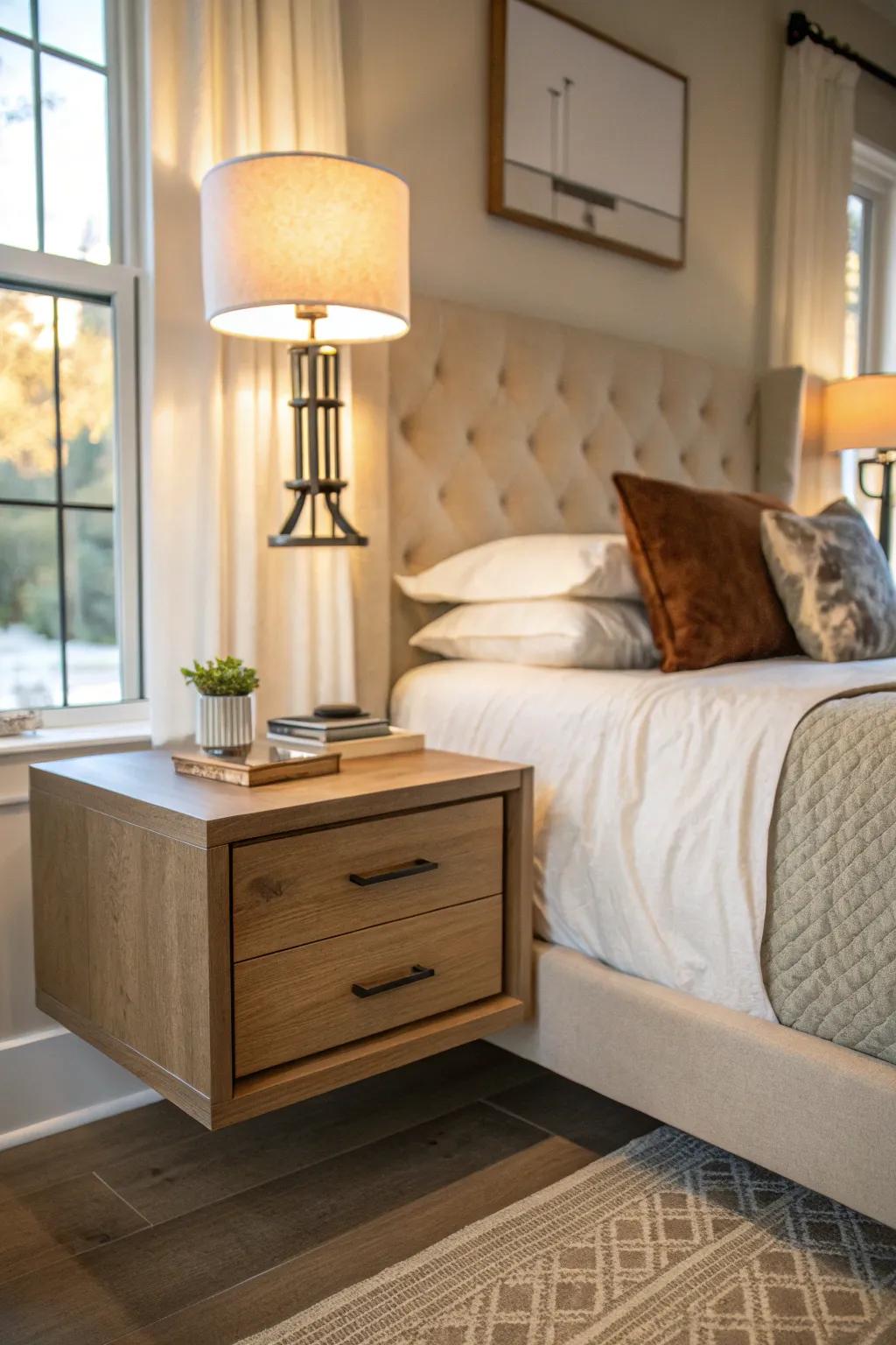 A modern bedroom featuring a space-saving bedside unit.