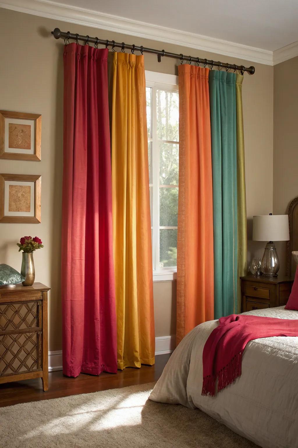 Strong curtains add a striking contrast and vibrant energy.