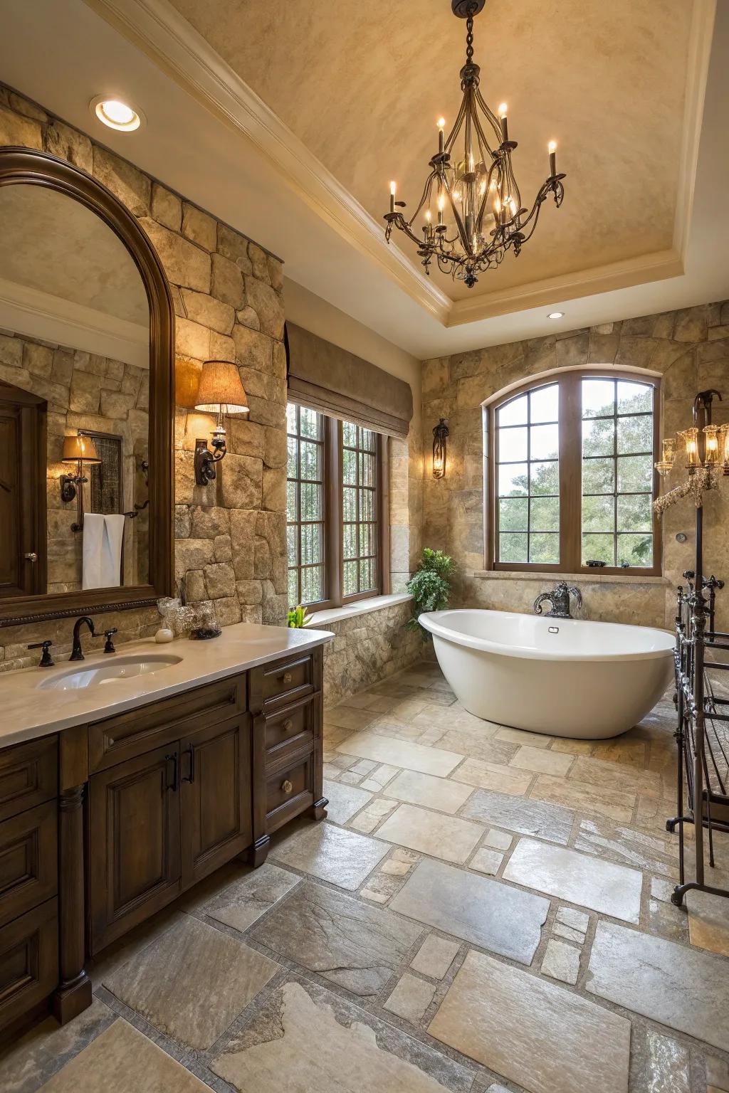 Fancy bathroom featuring stunning stone floors