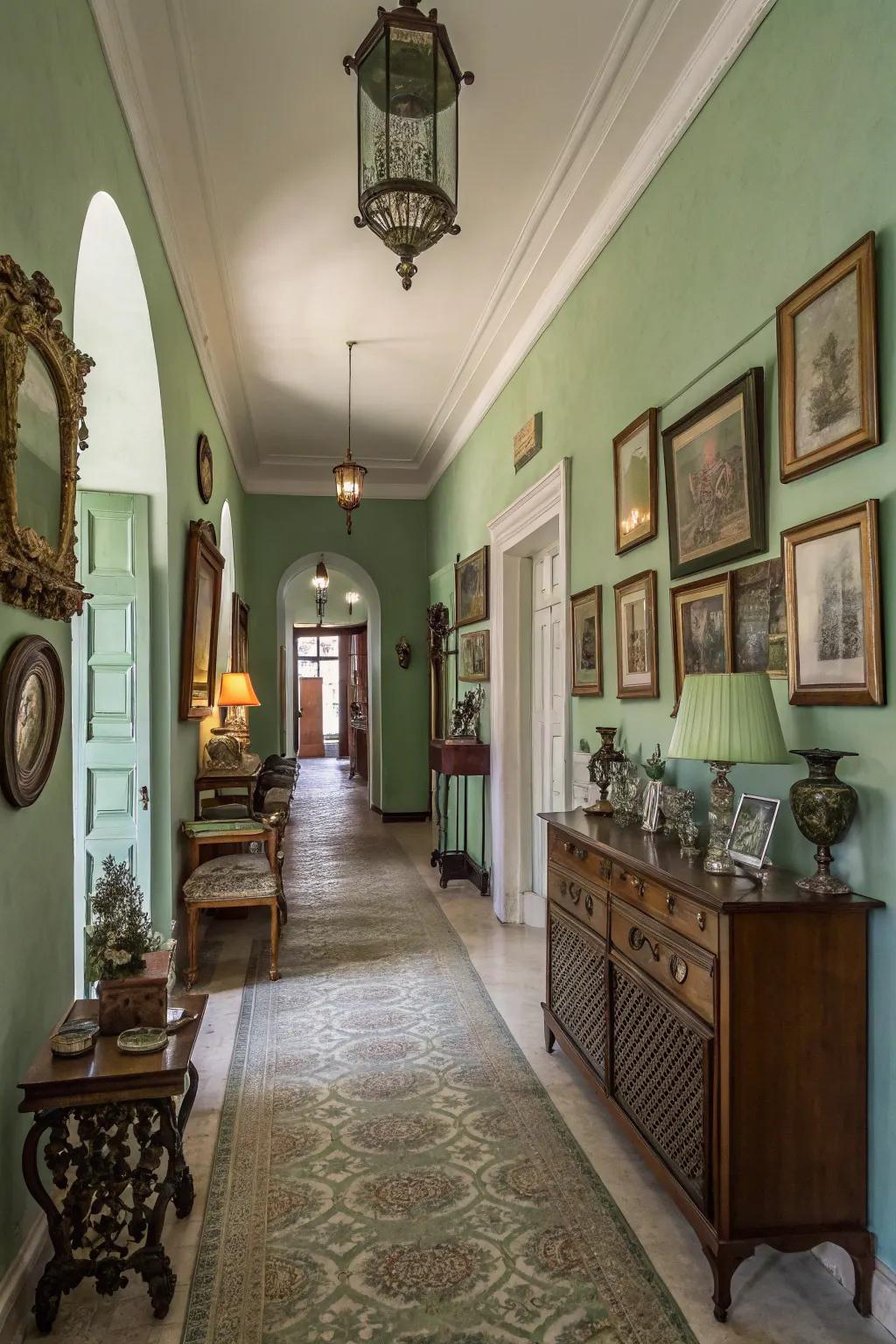 A charming hallway featuring subtle fern green walls.