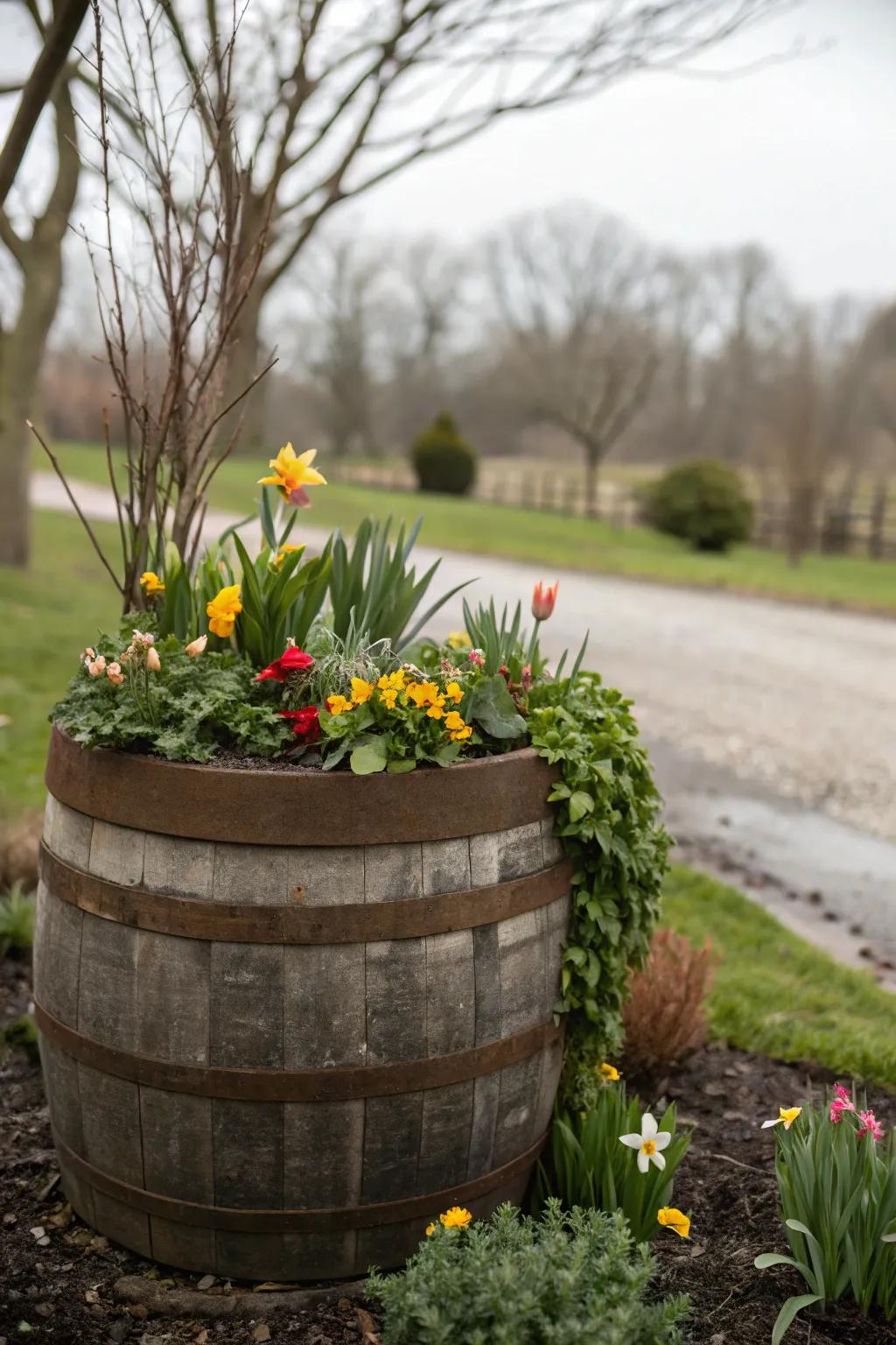 A flexible oak barrel planter looking great with seasonal changes.
