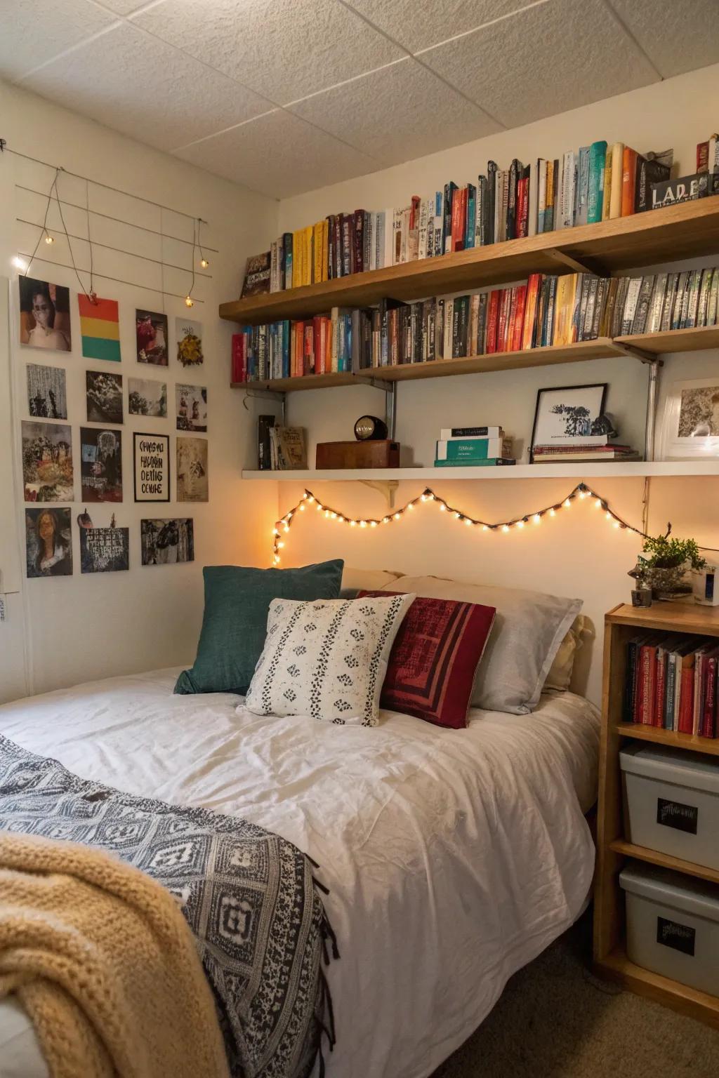 Conserve space and showcase your style using top-of-bed shelving.