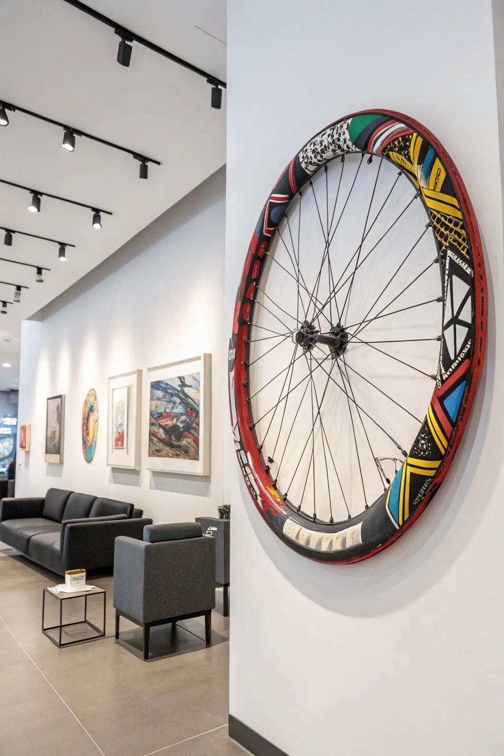 An abstract bike wheel decoration with strong colors and patterns for an artistic touch.