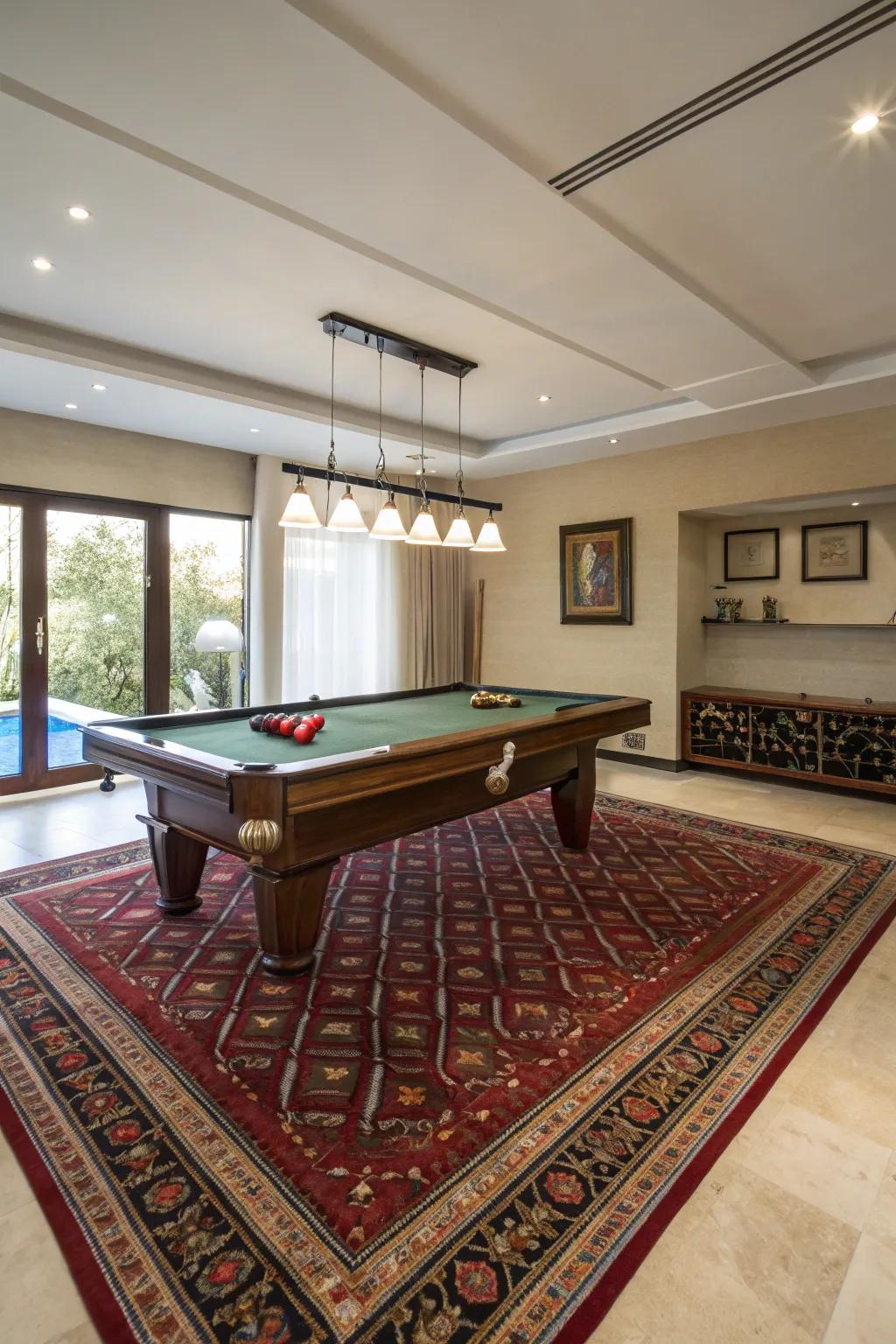 Rugs that create defined zones in a billiard room.