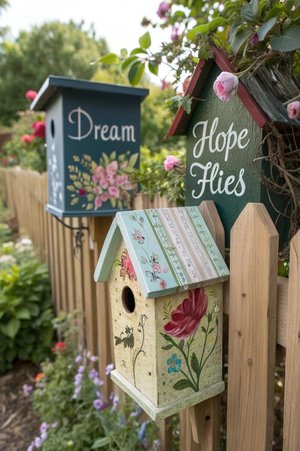 Bird dwellings with inscriptions usher in positivity and charm to the fence.