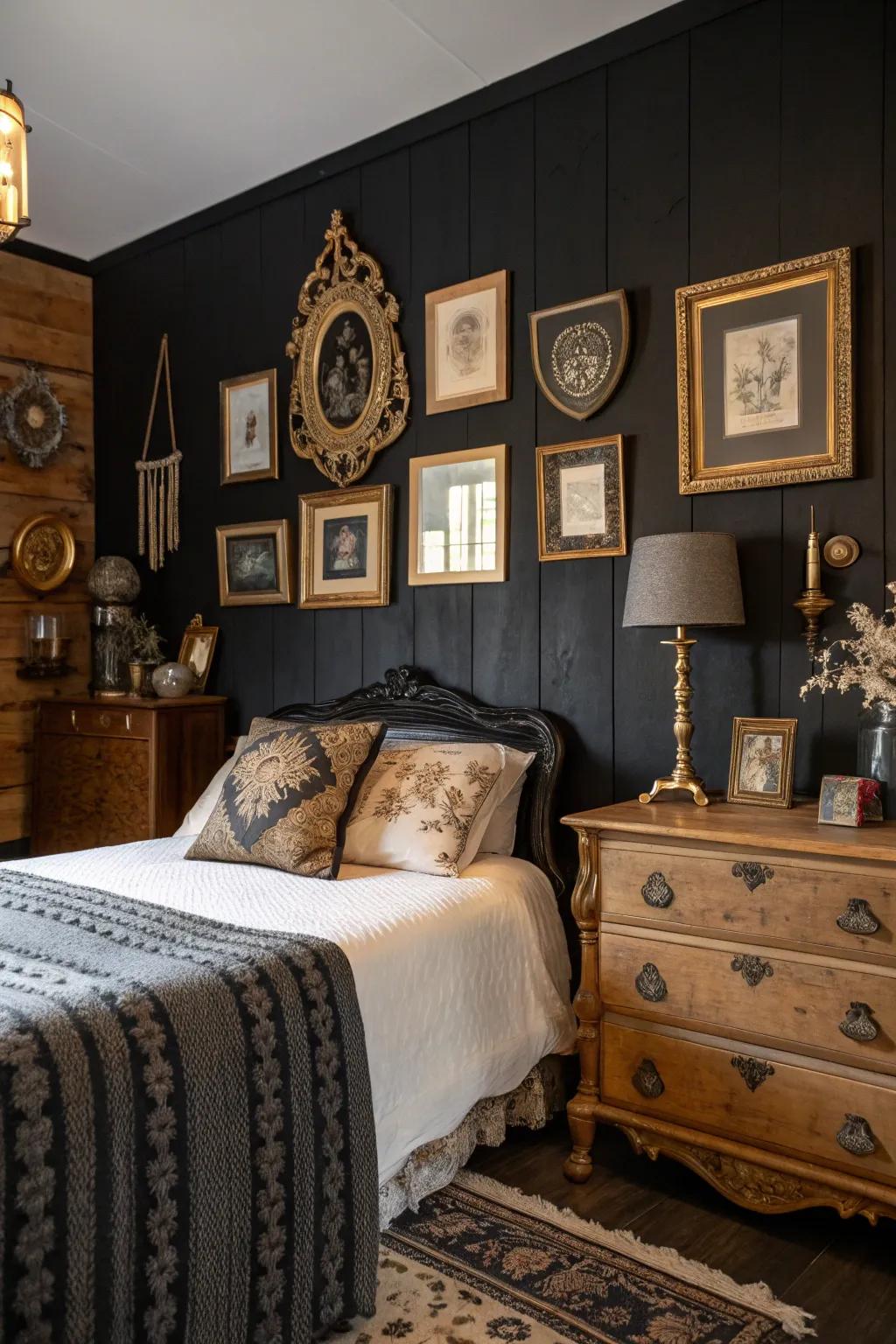 Classic touches contribute charm and character to a black statement wall.
