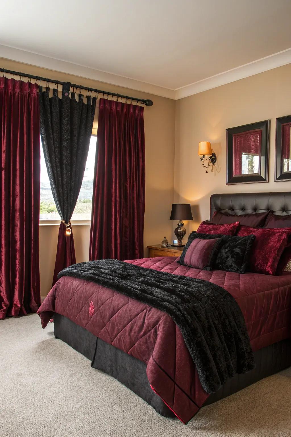 Black and burgundy window coverings add fad and privacy.