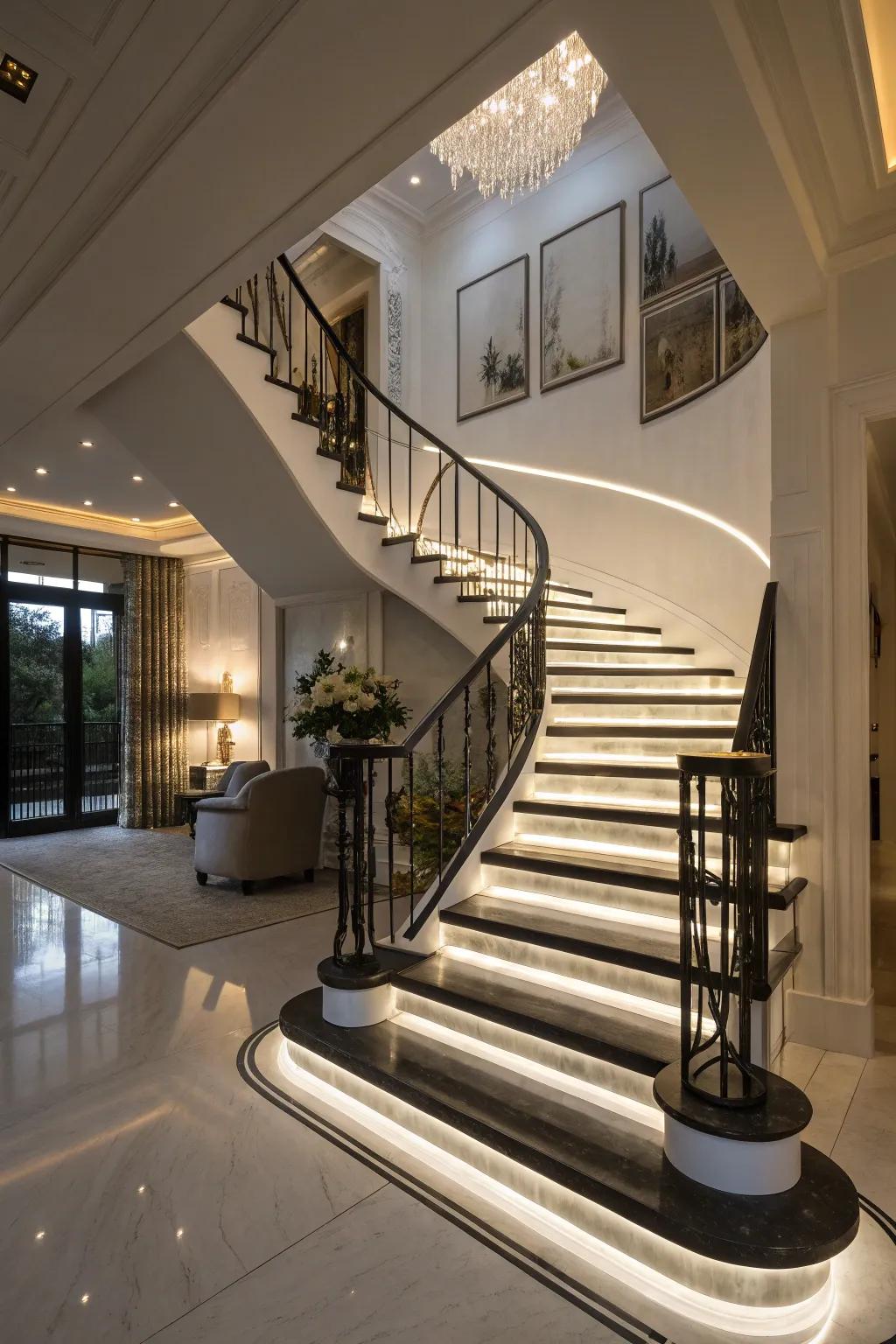 Strategic lighting enhances the drama of a black and white staircase.