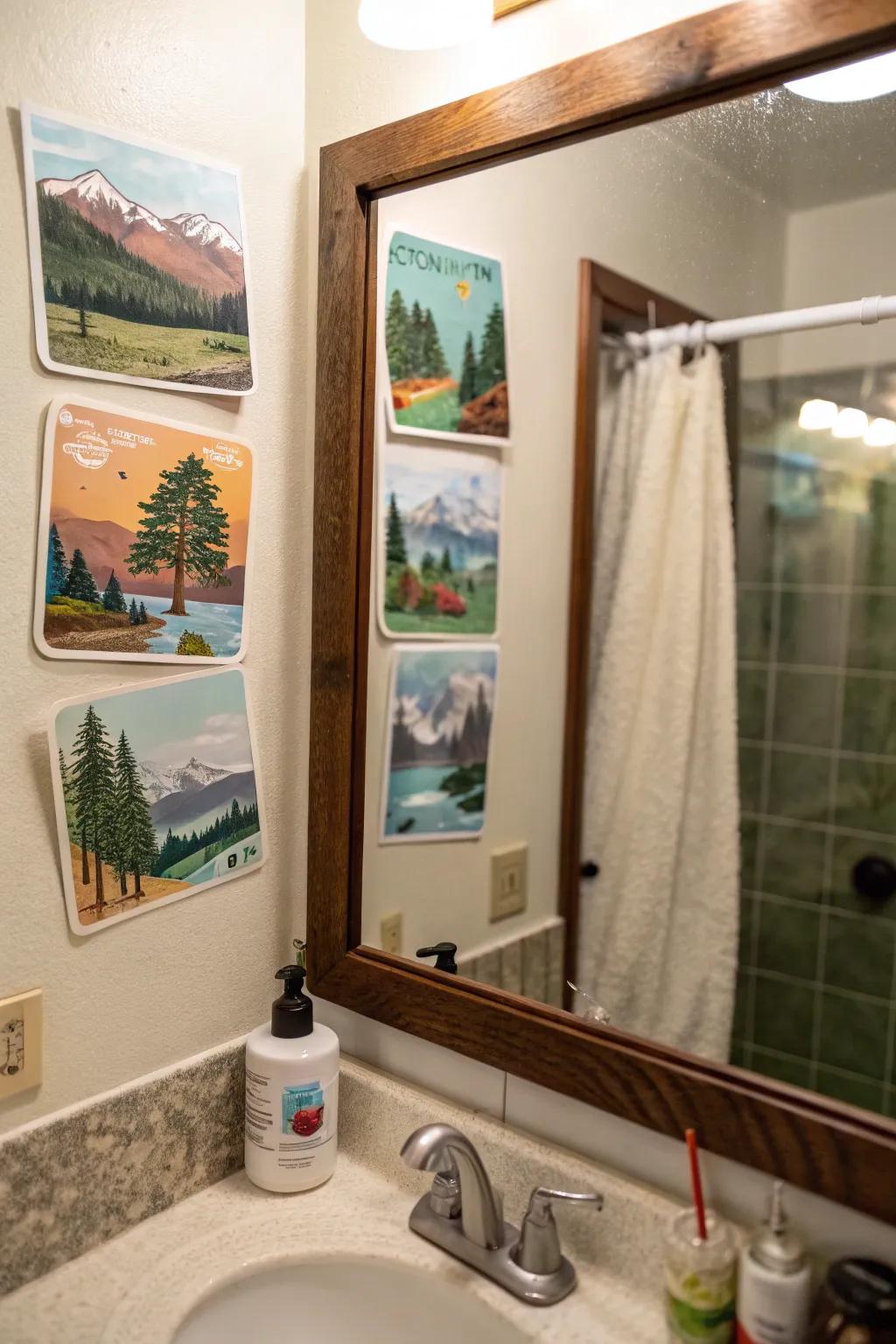Nature scene transfers establishing a tranquil washroom ambiance.