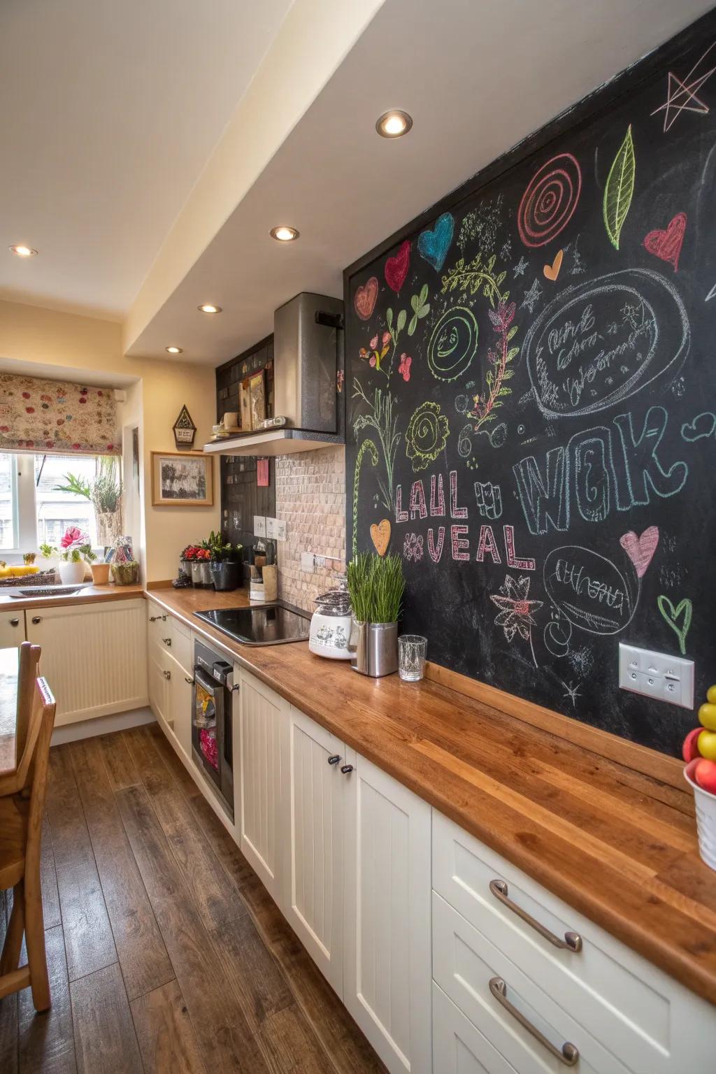 A playful kitchen design featuring an artboard backsplash for creative expression.