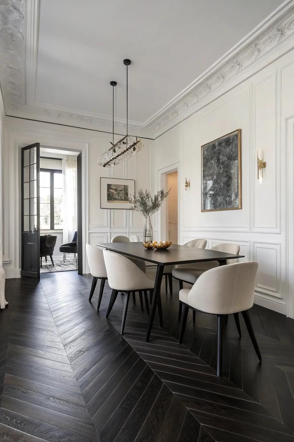 Herringbone patterns append intrigue.