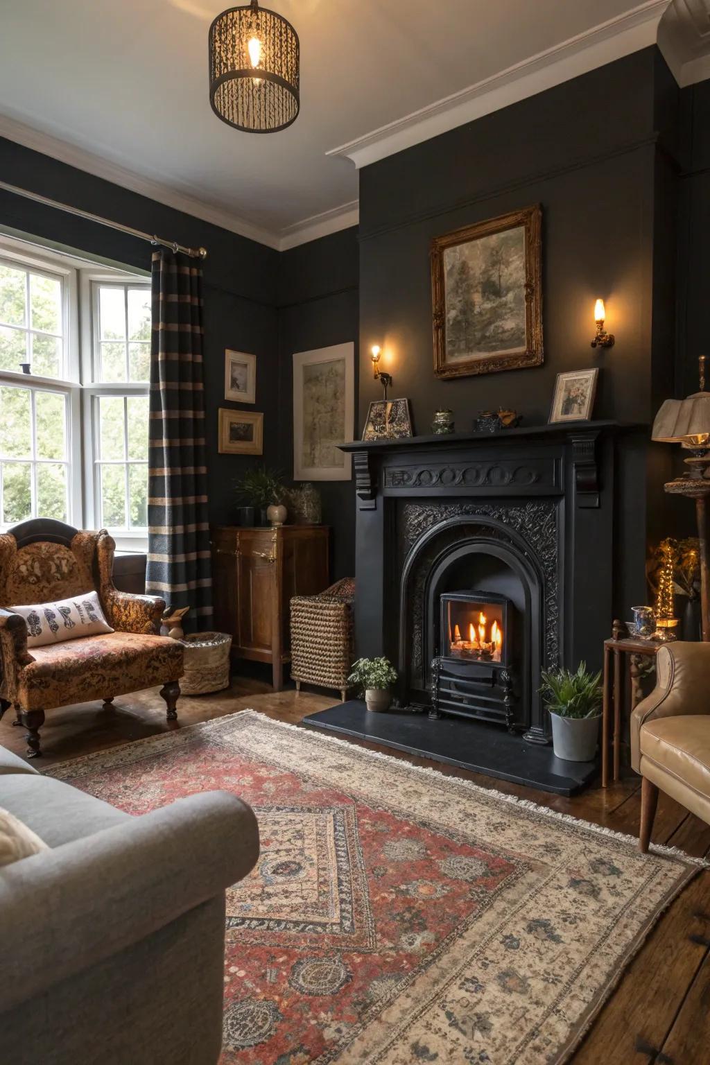 Bring a touch of nostalgia with vintage elements and a dark hearth.