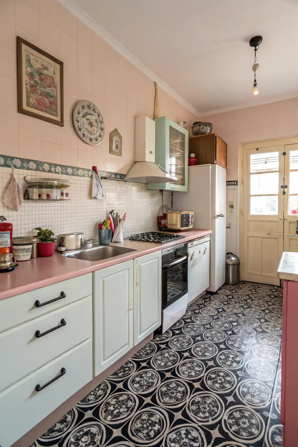 A vintage-inspired cooking area with ebony patterned floor components.