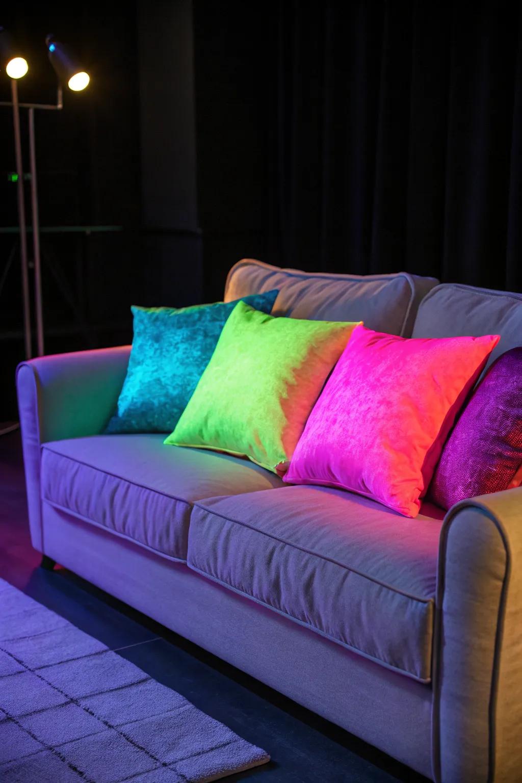 Neon accent pillows add color and glow to your seating.