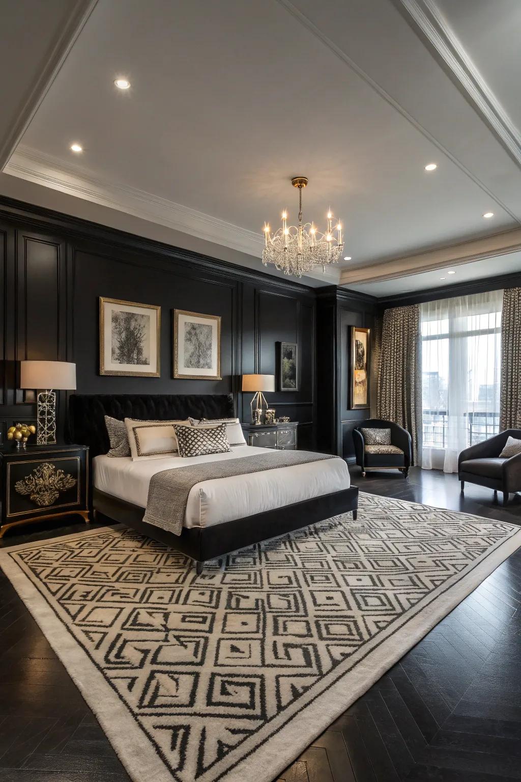 A striking rug infuses warmth and ties the room together.