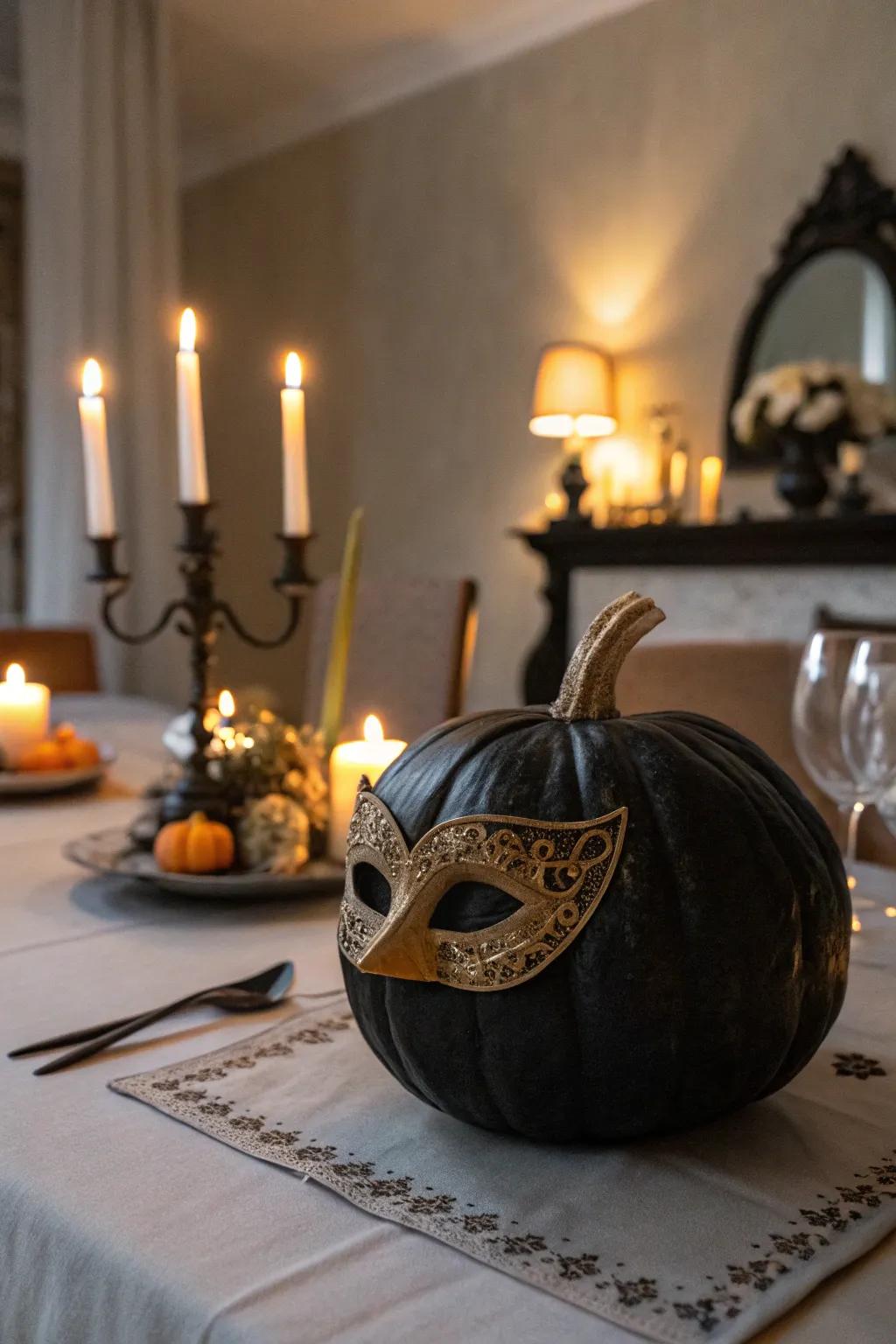 A dark-colored pumpkin with a masquerade visage, suitable for a refined All Hallows' Eve celebration.