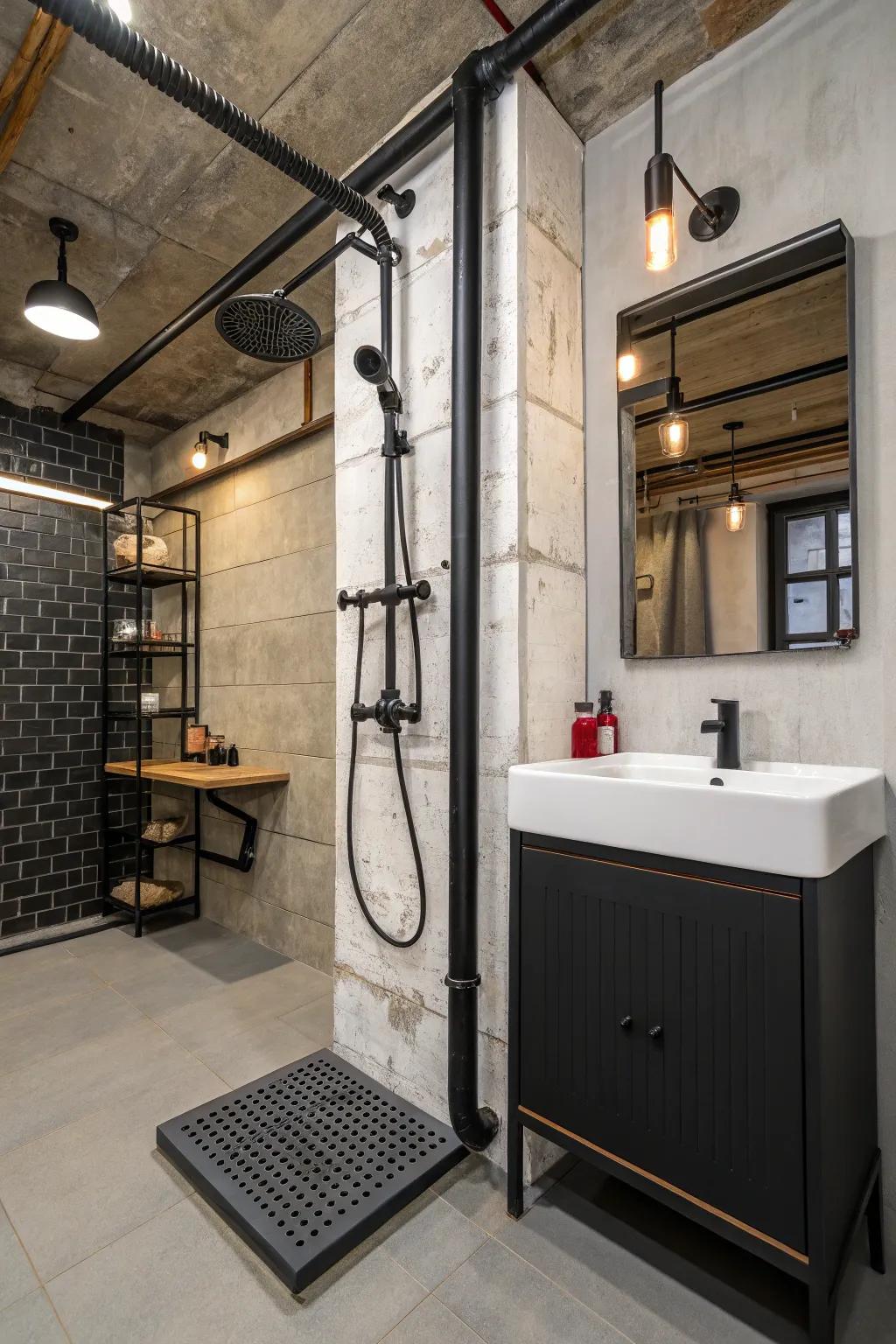 Industrial elements add an edgy, urban feel.