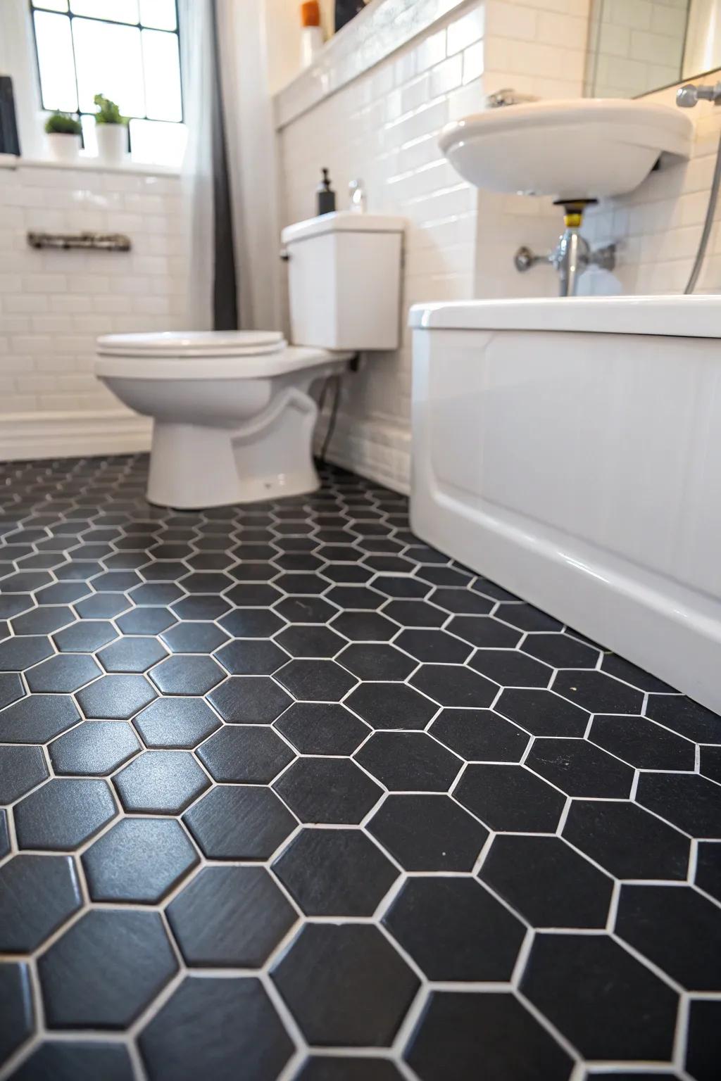 Ebony hex tiles add architectural elegance to this bathroom floor.