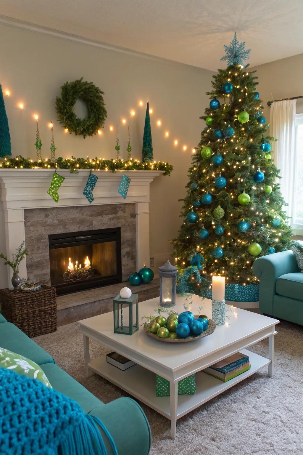 Animated yuletide decorations in blue and green